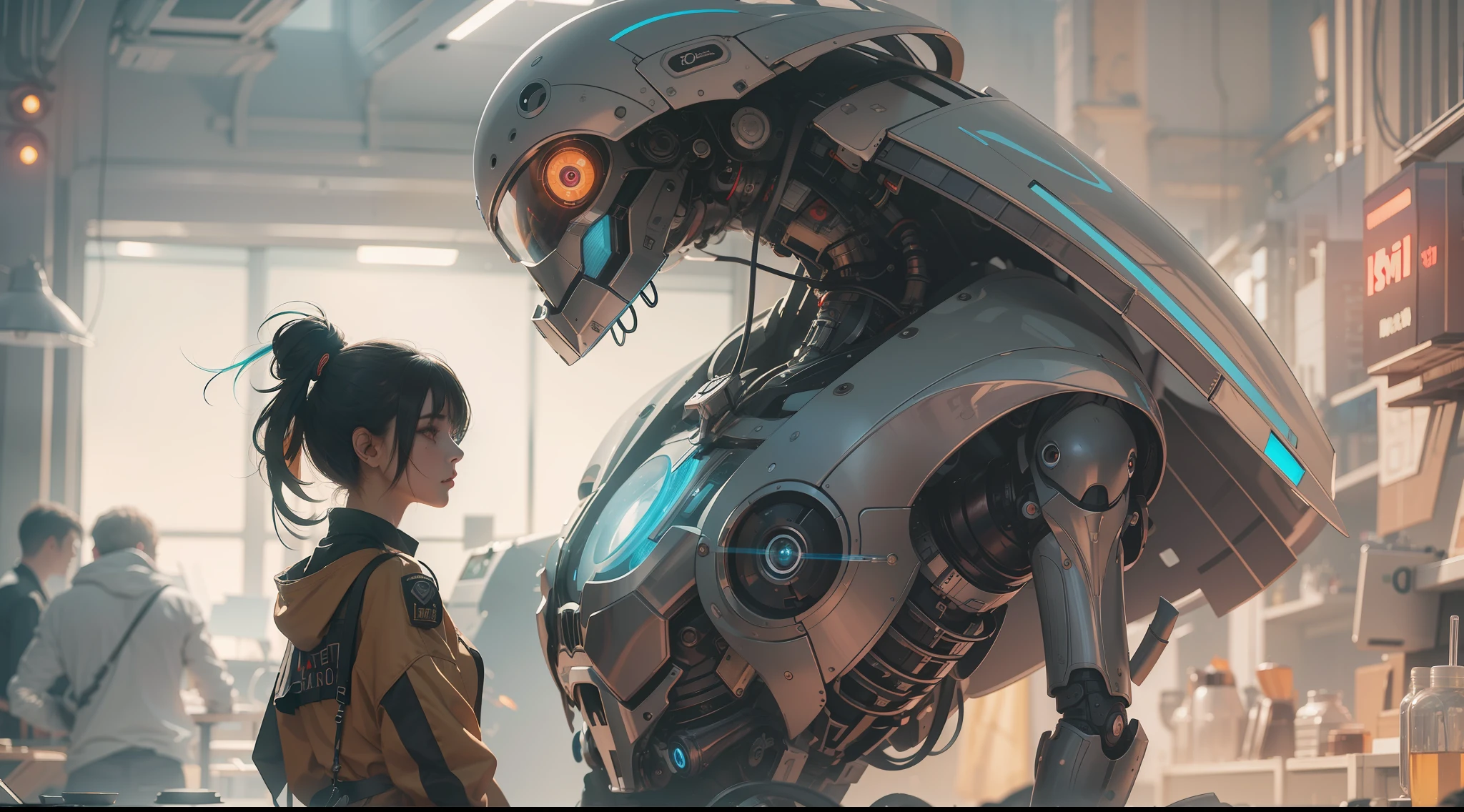 （best qualtiy，ultra - detailed，Best Illustration，Best shadow，masterpiece，A high resolution，professionalartwork，famous artwork），sci-fi，It depicts a young couple wearing colored sclera and a huge alien big cute with robot eyes， by Makoto Shinkai，by Artgerm，by wlop，by Greg Rutkowski，Volumetric lighting，octane render，4K，Trending on ArtStation，masterpiece