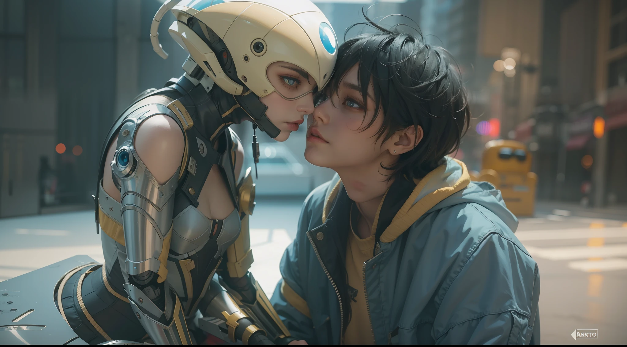 （best qualtiy，ultra - detailed，Best Illustration，Best shadow，masterpiece，A high resolution，professionalartwork，famous artwork），sci-fi，It depicts a young couple wearing colored sclera and a huge alien big cute with robot eyes， by Makoto Shinkai，by Artgerm，by wlop，by Greg Rutkowski，Volumetric lighting，octane render，4K，Trending on ArtStation，masterpiece