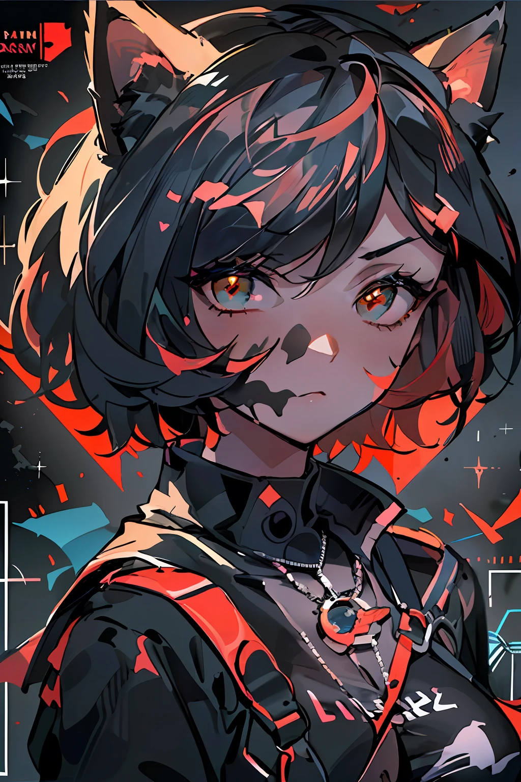 (((((dramatic))), (((gritty))), (((intense)) 1girl, solo, movie poster featuring a young woman as the central character. Idol, singing, short hair, gradient hair, black and red hair, black cat anthropomorphic, a pair of black cat ears, black cat tail, holding a microphone, she stands confidently in the center of the poster, dressed in stylish clothing with a determined expression on her face. The background is dark and gritty, with a sense of danger and intensity. The text is bold and eye-catching, with catchy slogans that add to the overall drama and excitement. Dotted with bright colors, make the poster dynamic and visually striking, (magazine: 1.3), (cover style: 1.3), tachi-e (magazine: 1.3), (cover-style: 1.3), fashionable, woman, vibrant, outfit, posing, front, colorful, dynamic, background, element, confidence, expression, hold, statement, attachment, coil, around, touch, scene, text, cover, bold, eye-catching, title, fashion, font, catchy, title, bigger, eye-catching, modern, trendy, focused, stylish,