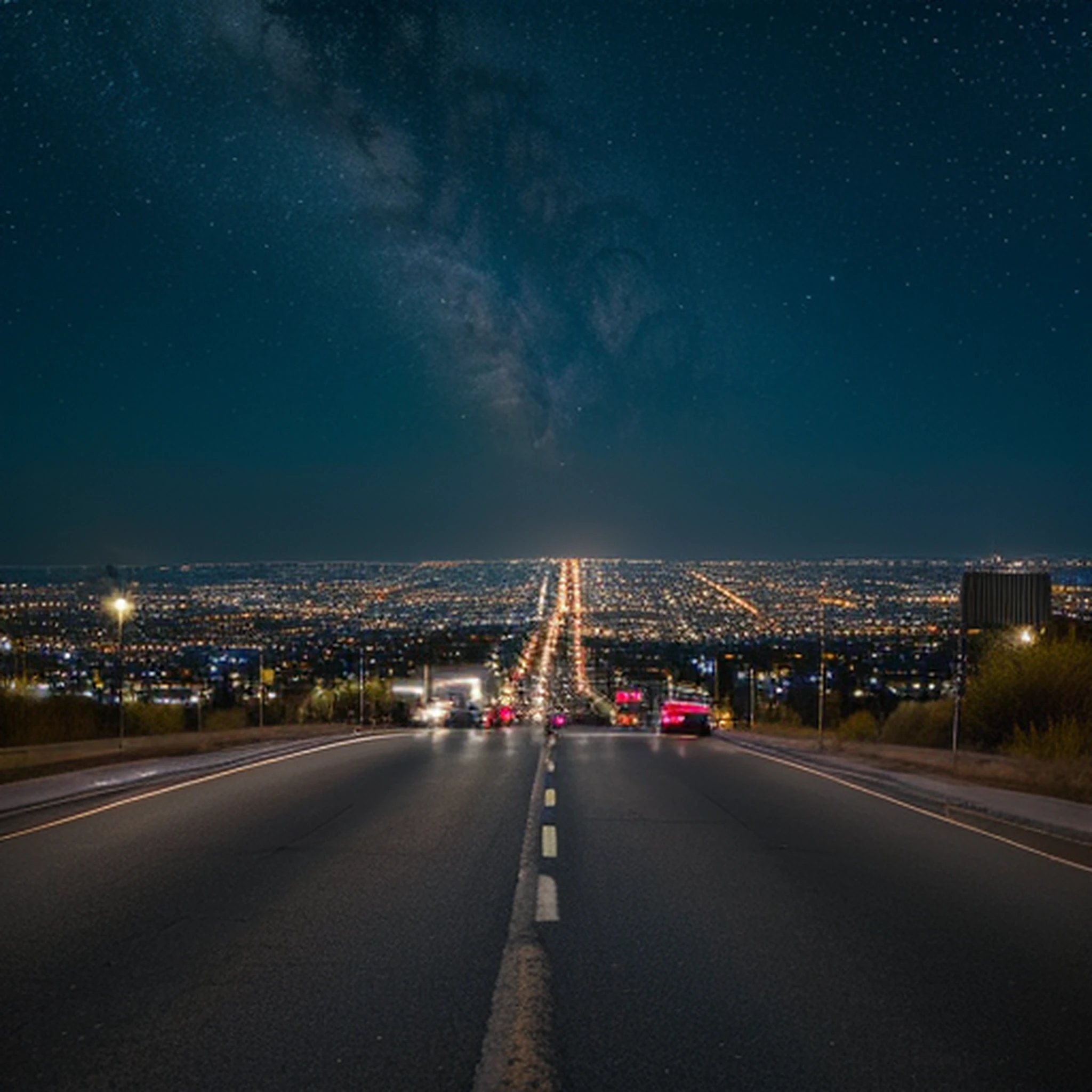 images are realistic photos, in background night blue sky with stars, in foreground the street of a lighting big mega city at night.