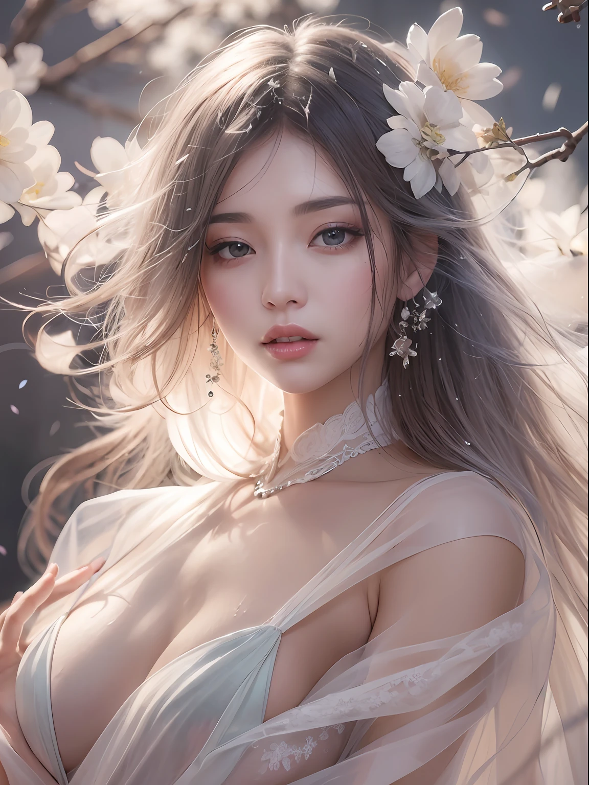loose outfit、Show shoulders、How to wear a gown with a broken see-through halter neck、Decorated with intricate patterns and pastel colors、Transparent material that makes the skin shine、Artistic depiction of seductive woman in gown with wet thin cloth and transparent skin, Floral and fantastic pattern with flowing silky traditional see-through skin。Her dress draped elegantly around her curvaceous figure、Emphasizes her charming silhouette。She's a gentle fireworks night、Dynamic Posing、Sexy Posing、bathed in the soft glow of moonlight。The scene is、With a hint of mystery and sensuality、It exudes an ethereal dreamy atmosphere。The image style is、It incorporates a blend of watercolor and digital illustration techniques.、It makes you feel delicate beauty and charm。Soft moonlit lighting、Cast gentle highlights and shadows on her mesmerizing features。Dynamic Posing、Bold poses、The hand is somewhere、see -through、show through、A sexy、Wet hair、Wet、cherry trees、flower petals、cherryblossom、The cherry tree、Sakura blizzard、buried、Transparent skin、Wet clothes、Chest Pulling、Translucent clothes、Eau、nudde、
