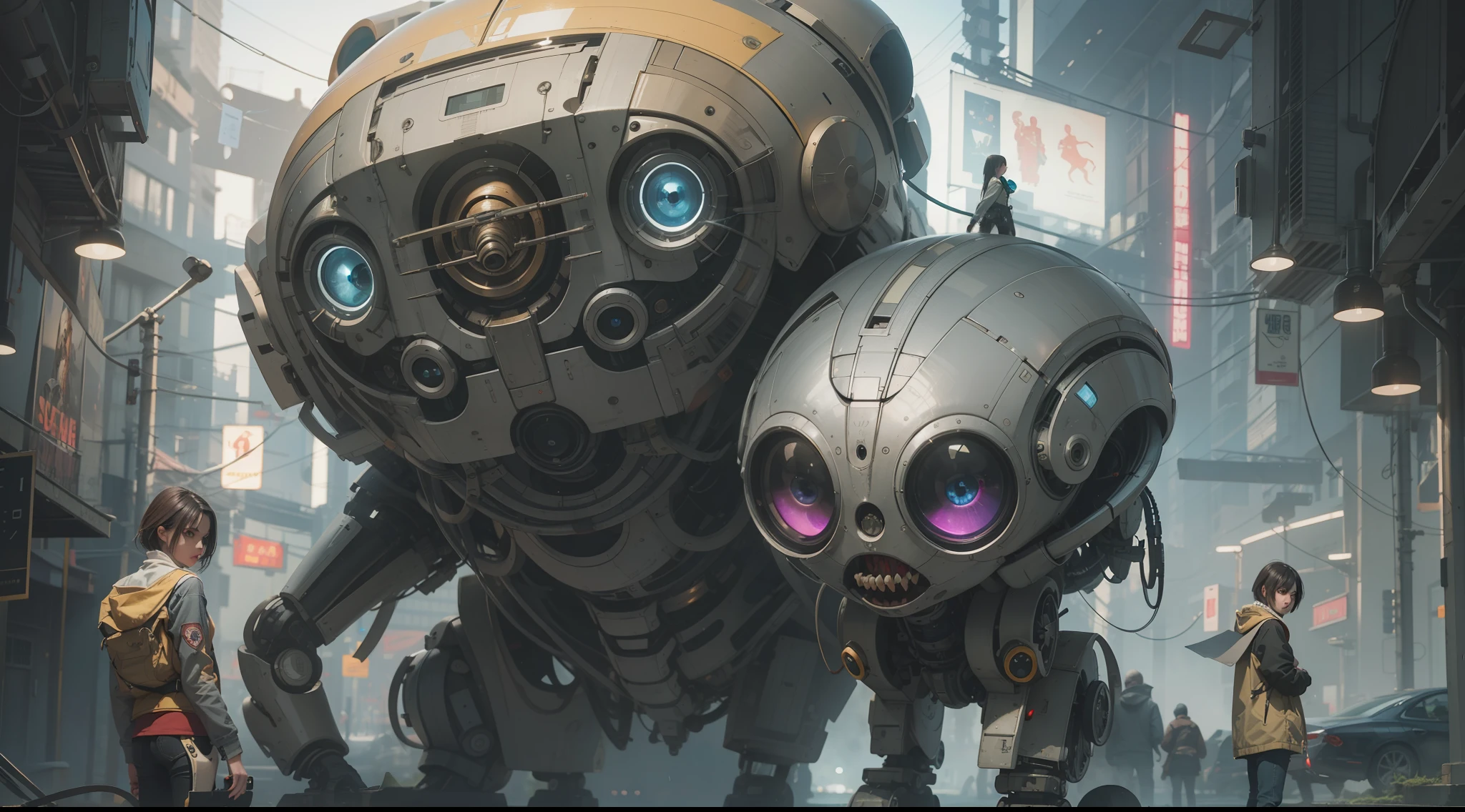 （best qualtiy，ultra - detailed，Best Illustration，Best shadow，masterpiece，A high resolution，professionalartwork，famous artwork），sci-fi，It depicts a young couple wearing colored sclera and a huge alien big cute with robot eyes， by Makoto Shinkai，by Artgerm，by wlop，by Greg Rutkowski，Volumetric lighting，octane render，4K，Trending on ArtStation，masterpiece