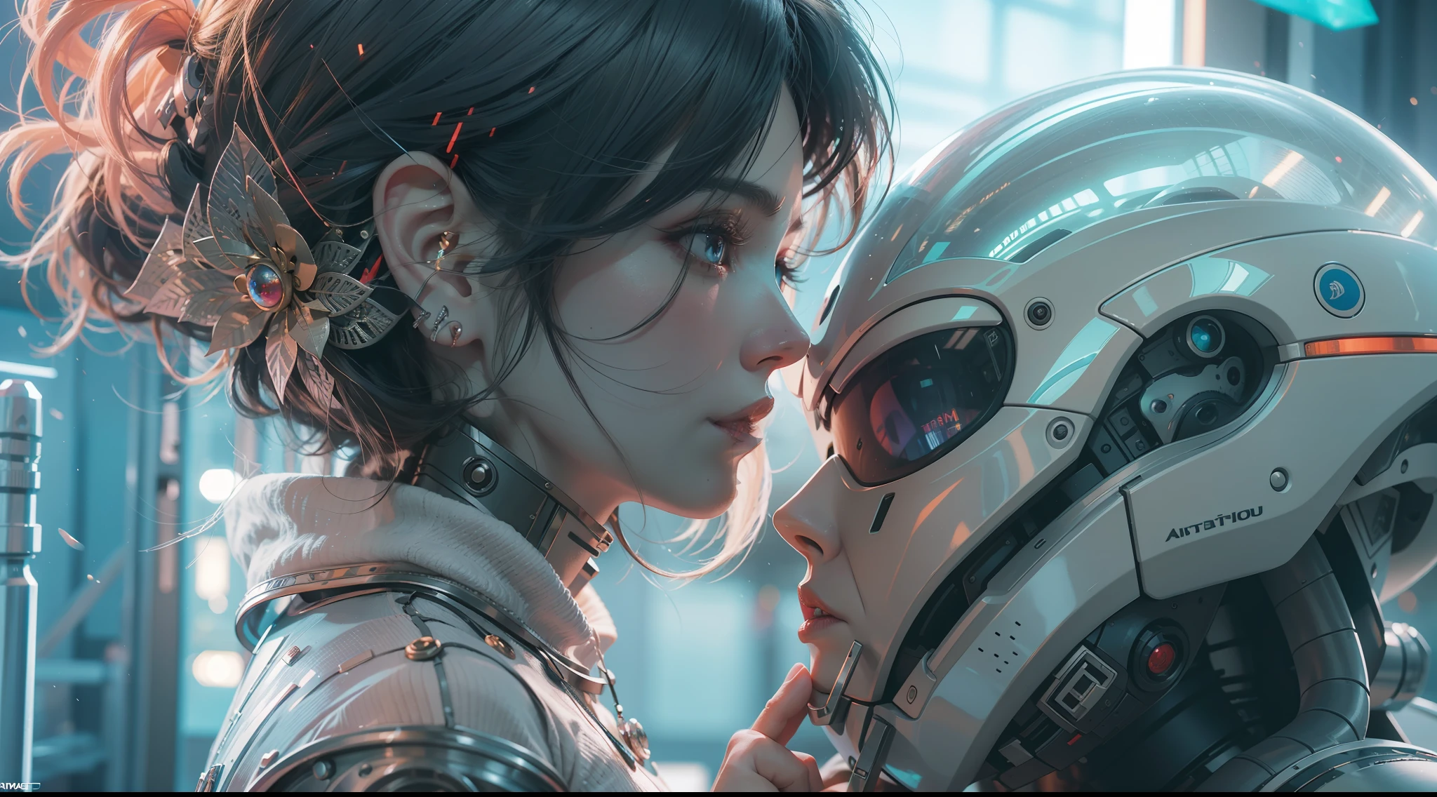 (best qualtiy,ultra - detailed,Best Illustration,Best shadow,masterpiece,A high resolution,professionalartwork,famous artwork),sci-fi,It depicts a young couple wearing colored sclera and a huge alien big cute with robot eyes, by Makoto Shinkai,by Artgerm,by wlop,by Greg Rutkowski,Volumetric lighting,octane render,4K,Trending on ArtStation,masterpiece