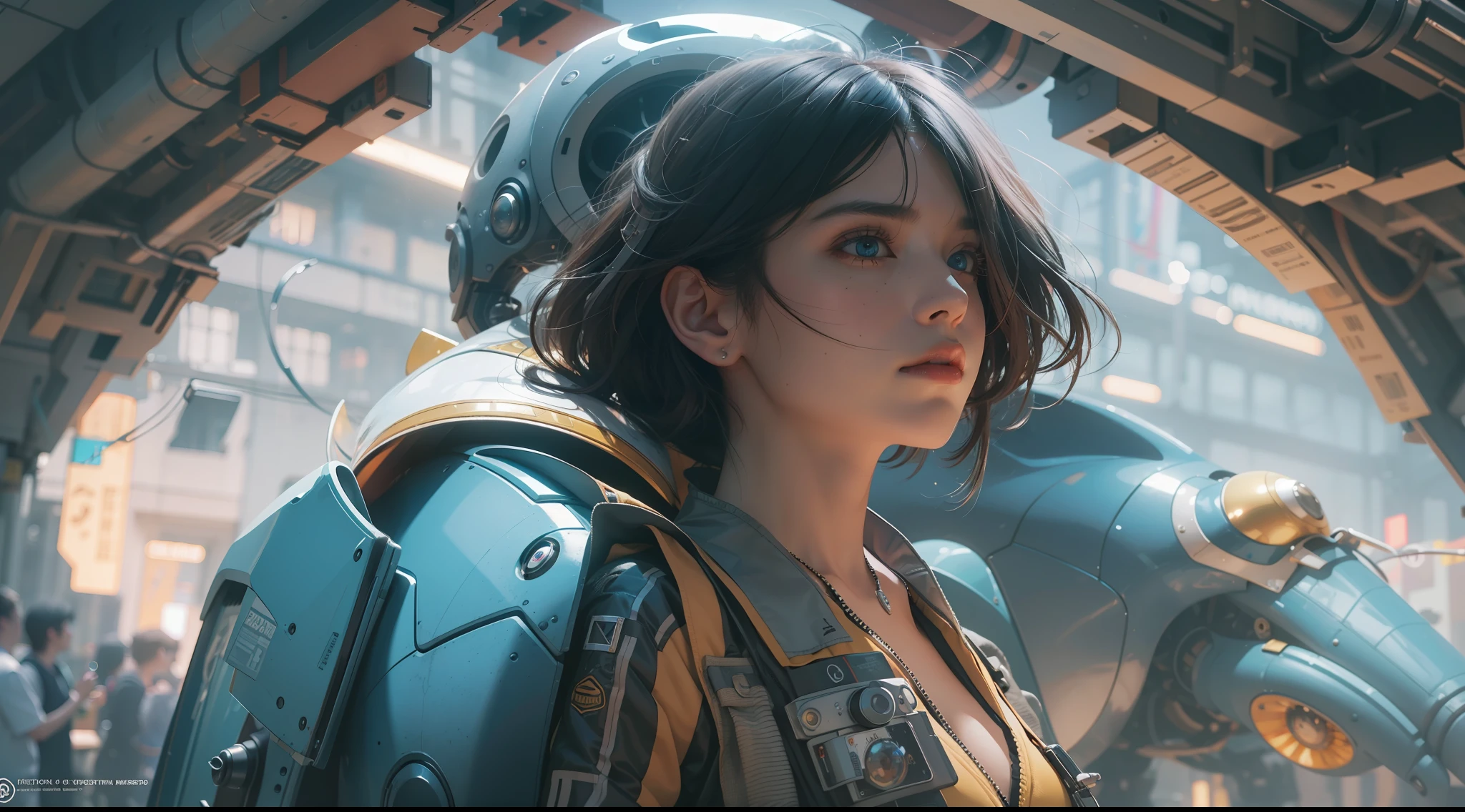 (best qualtiy,ultra - detailed,Best Illustration,Best shadow,masterpiece,A high resolution,professionalartwork,famous artwork),sci-fi,It depicts a young couple wearing colored sclera and a huge alien big cute with robot eyes, by Makoto Shinkai,by Artgerm,by wlop,by Greg Rutkowski,Volumetric lighting,octane render,4K,Trending on ArtStation,masterpiece