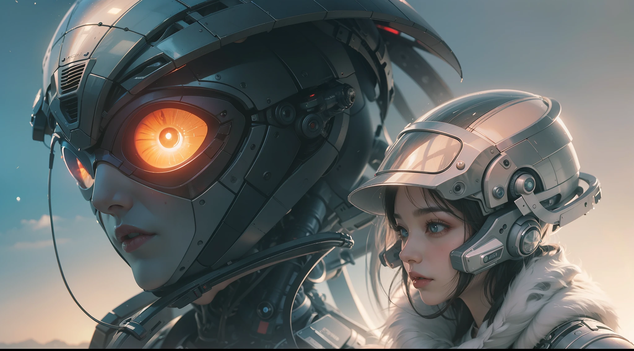 (best qualtiy,ultra - detailed,Best Illustration,Best shadow,masterpiece,A high resolution,professionalartwork,famous artwork),sci-fi,It depicts a young couple wearing colored sclera and a huge alien big cute with robot eyes, by Makoto Shinkai,by Artgerm,by wlop,by Greg Rutkowski,Volumetric lighting,octane render,4K,Trending on ArtStation,masterpiece