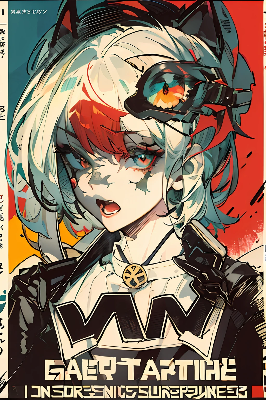 ((((dramatic))), (((gritty))), (((intense)))) 1girl, solo, singing, intoxicated, holding a standing microphone, movie poster featuring a young woman as the central character. Idol, singing, short hair, gradient hair, black and red hair, black cat anthropomorphic, a pair of black cat ears, black cat tail, holding a microphone, she stands confidently in the center of the poster, dressed in stylish clothing with a determined expression on her face. The background is dark and gritty, with a sense of danger and intensity. The text is bold and eye-catching, with catchy slogans that add to the overall drama and excitement. Dotted with bright colors, make the poster dynamic and visually striking, (magazine: 1.3), (cover style: 1.3), tachi-e (magazine: 1.3), (cover-style: 1.3), fashionable, woman, vibrant, outfit, posing, front, colorful, dynamic, background, element, confidence, expression, hold, statement, attachment, coil, around, touch, scene, text, cover, bold, eye-catching, title, fashion, font, catchy, title, bigger, eye-catching, modern, trendy, focused, stylish,