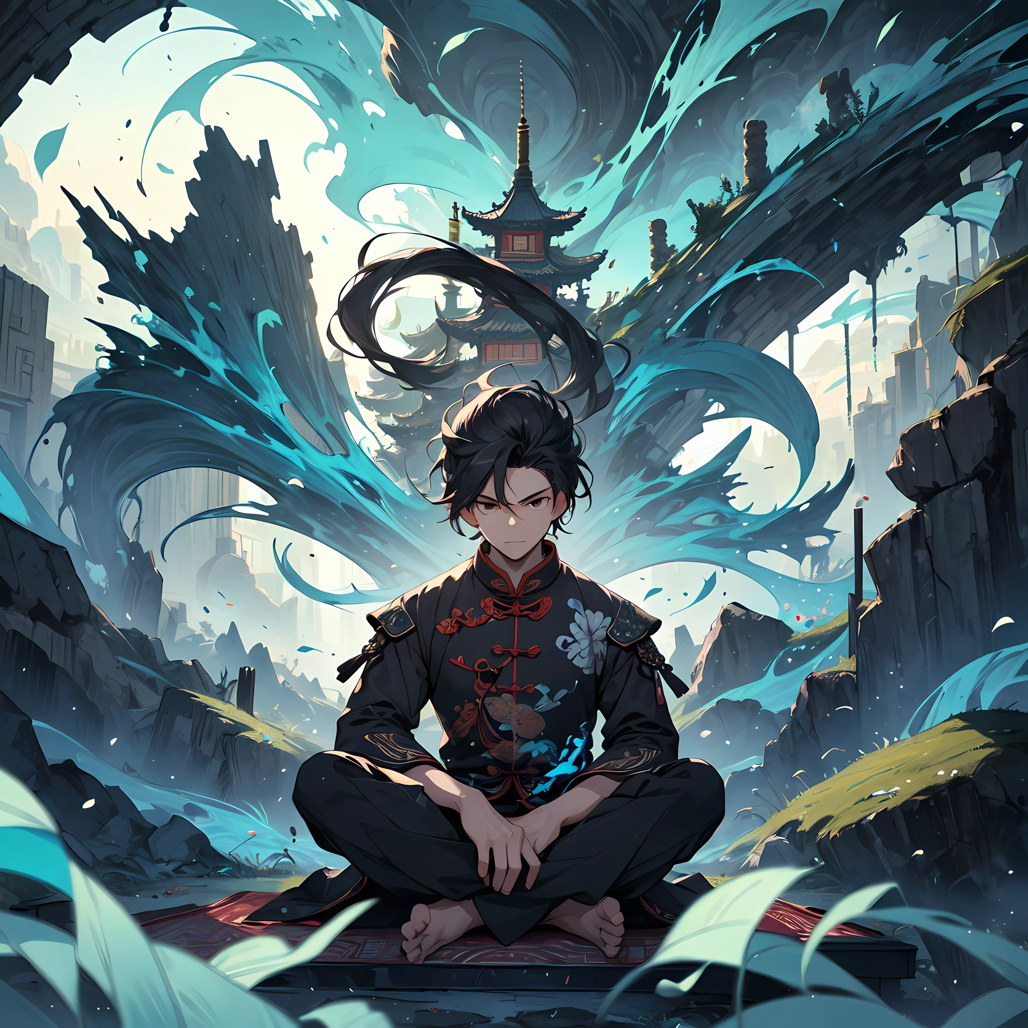 of a guy,cabelos preto e longos,Black eyes,Sit cross-legged,ancient wind,ancient chinese background,In a quaint landscape,sit on a bed,It is surrounded by blue streamers,particle fx