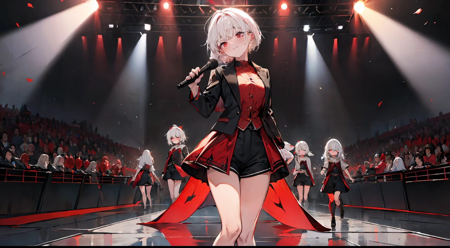 ((Masterpiece)),(((Best quality))), (high high quality, Breathtaking),(Expressive eyes, Perfect face), short, Young girl, Short white hair, Red eyes, Smiling, black idol outfit, wear short shorts, Shine, Glow, Red roses, On stage, Singing
