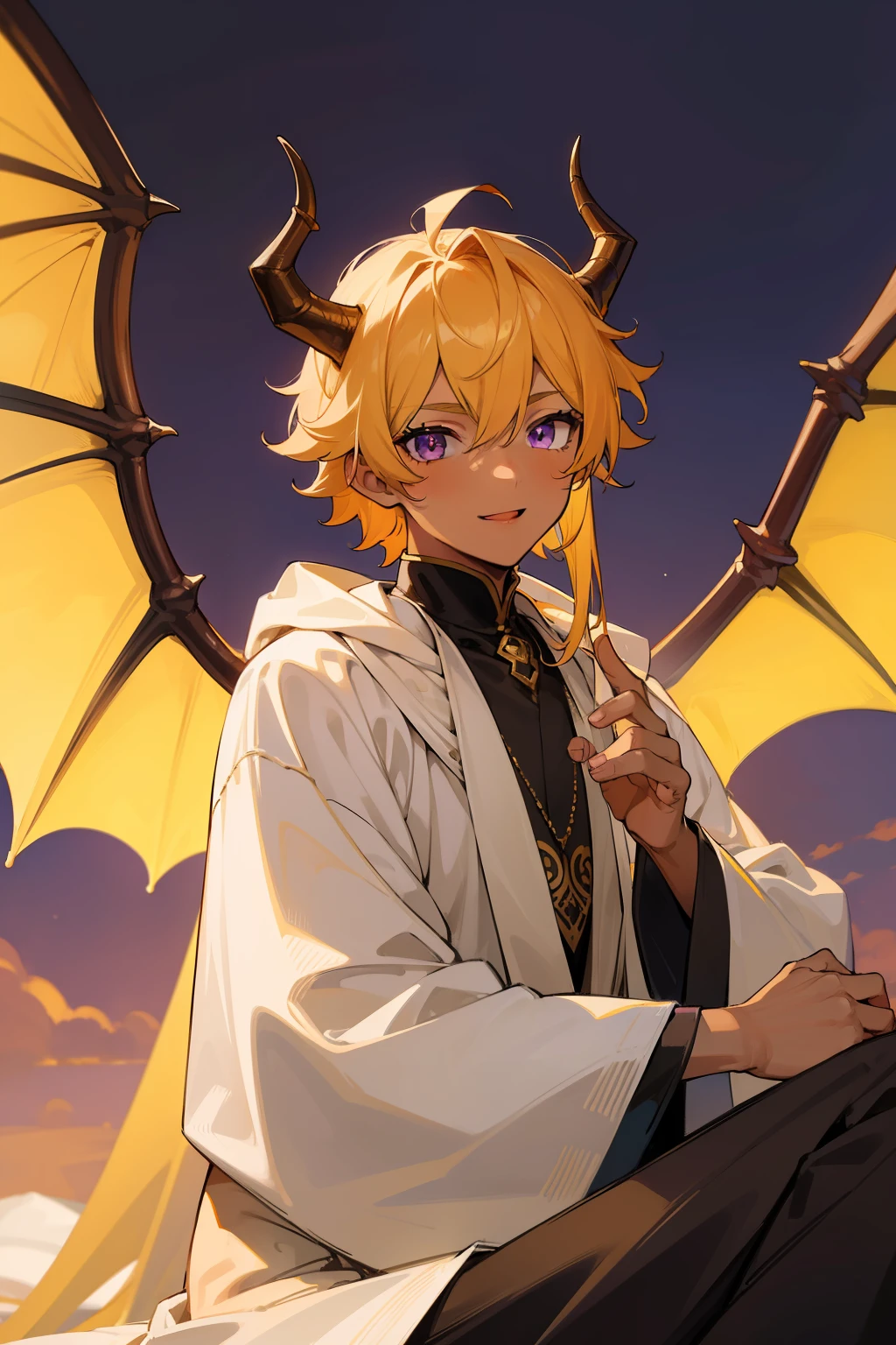 ((Masterpiece, highest quality)), detailed face, 1boy, young boy, ((tanned skin)), robes, arabian clothes, purple eyes, long hair, yellow hair, short hair, messy hair, dragon horns, dragon wings, ground background, happy
