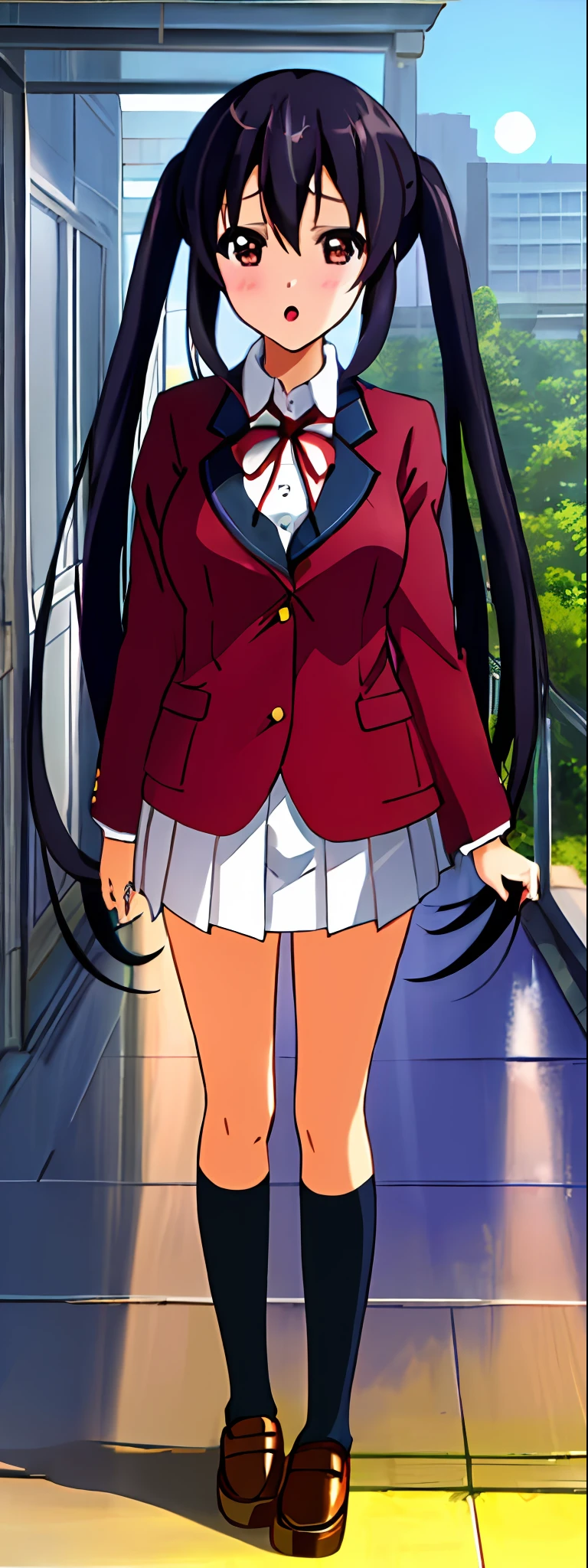 1girl, (((masterpiece))), top-quality, top-quality, High Details, nakano azusa, 1girl, Sakuragaoka High School Uniform, student clothes, Twin-tailed, length hair, A dark-haired, brown-eyed, 独奏, reddish, Dark blue blazer with thin red ribbon, Solid white buttoned shirt under blazer, illustratio, comic strip, soothing tones, Subdued Color, Soft cinematic light, adobe lightroom, photolab, HDR, intricately and hyper-detailed、(((depth of fields))))。(((masterpiece)))。(((top-quality))).)((ultra-detailliert)))。(((illustratio)))。(((takeout))).dynamic focus.big breasts.(((Skyscrapers))).(((A city scape))).(((Face of sadness))). open mouth.(((put hands on the hip))).(((up chest))).((evening glow)).((the setting sun)).