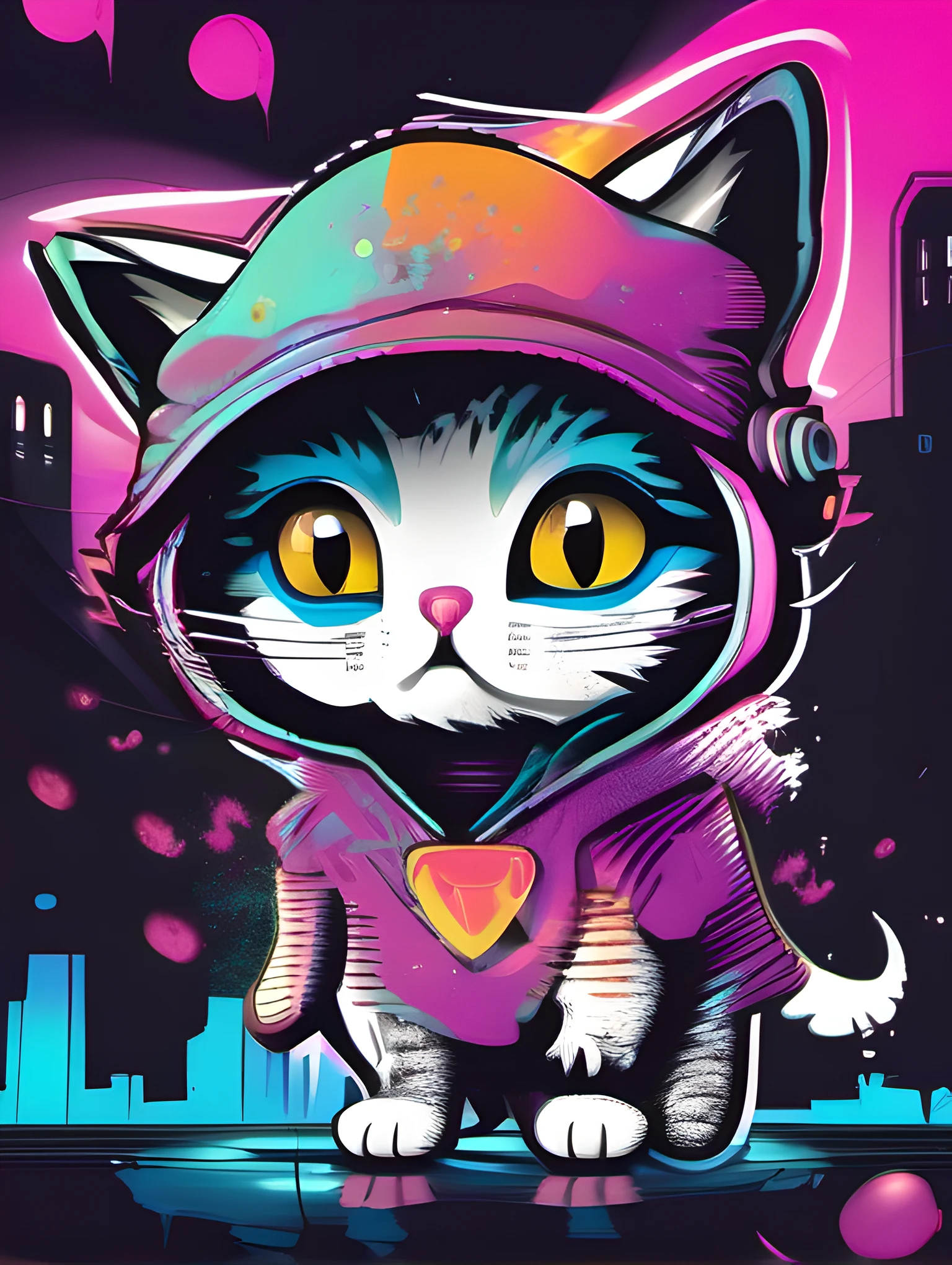 Illustration of cyberpunk kitten, cute character, magic, fantasy, clear background, abstract splash background, t-shirt design, vector art