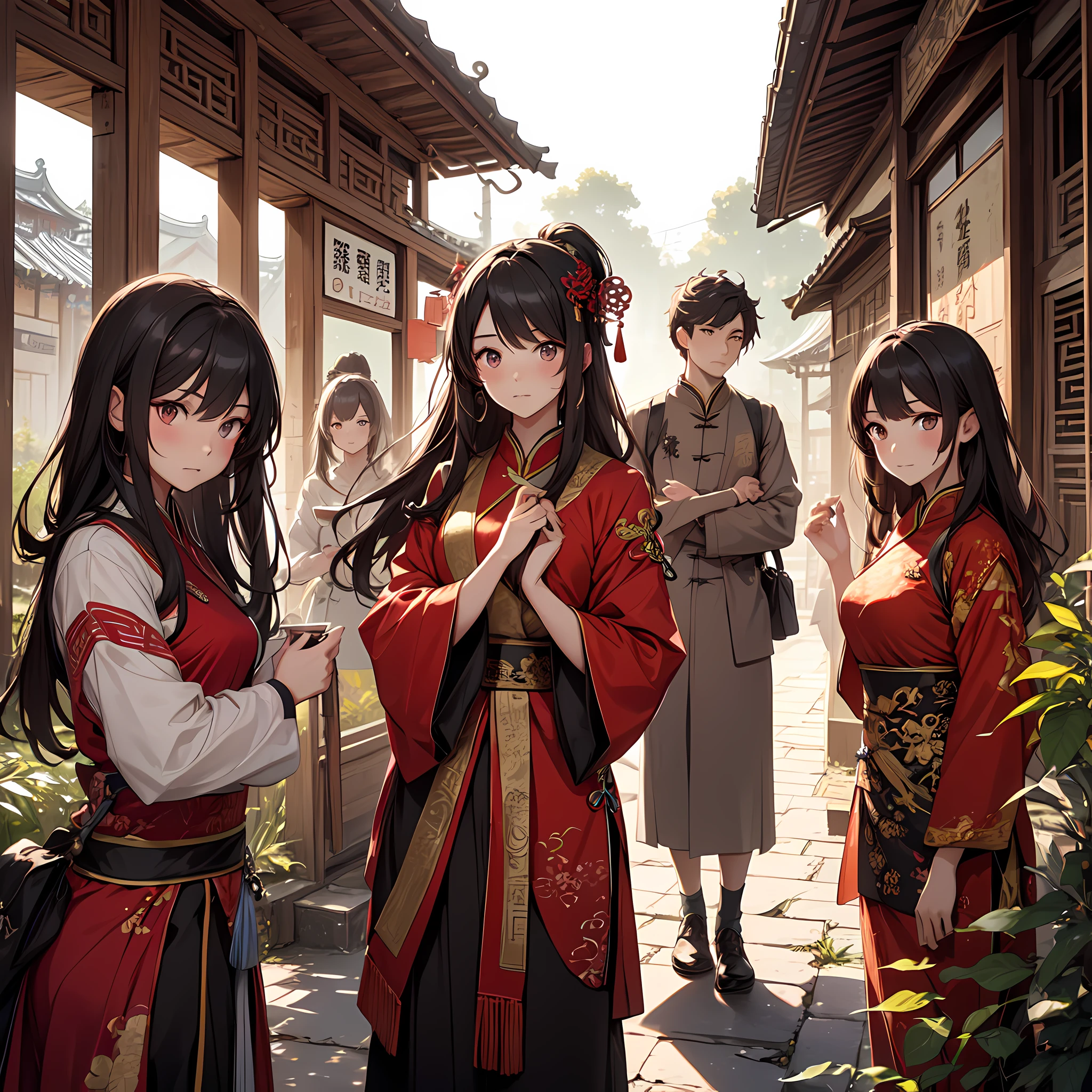 A group of teenagers，expression surprised，In ancient Chinese villages，long whitr hair，Chinese costumes，