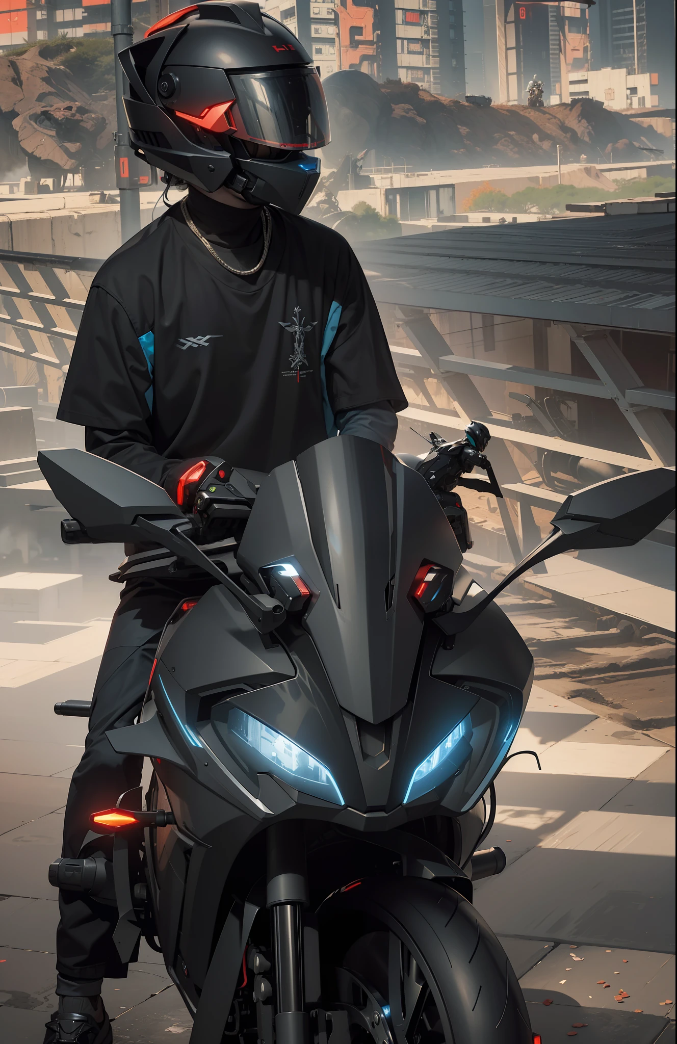 This is a hyper-detail、High resolution and top quality CG Unity 8k wallpaper，The style is cyberpunk，Mainly black and red。wearing a mech helmet，Sit on a mecha motorcycle，Behind him is the post-apocalyptic background，There is a pair of huge mech wings on the back