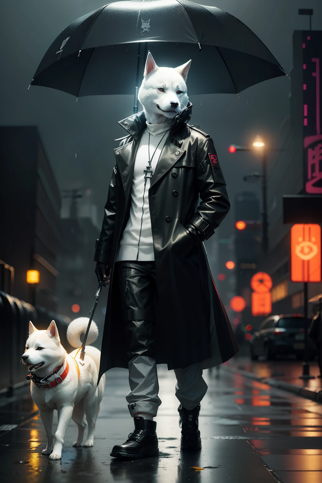 cyber punk perssonage，White Shiba Inu，bucket-hat，a black trench coat，anthropomorphic turtle，rainy evening，Cold，Back knife