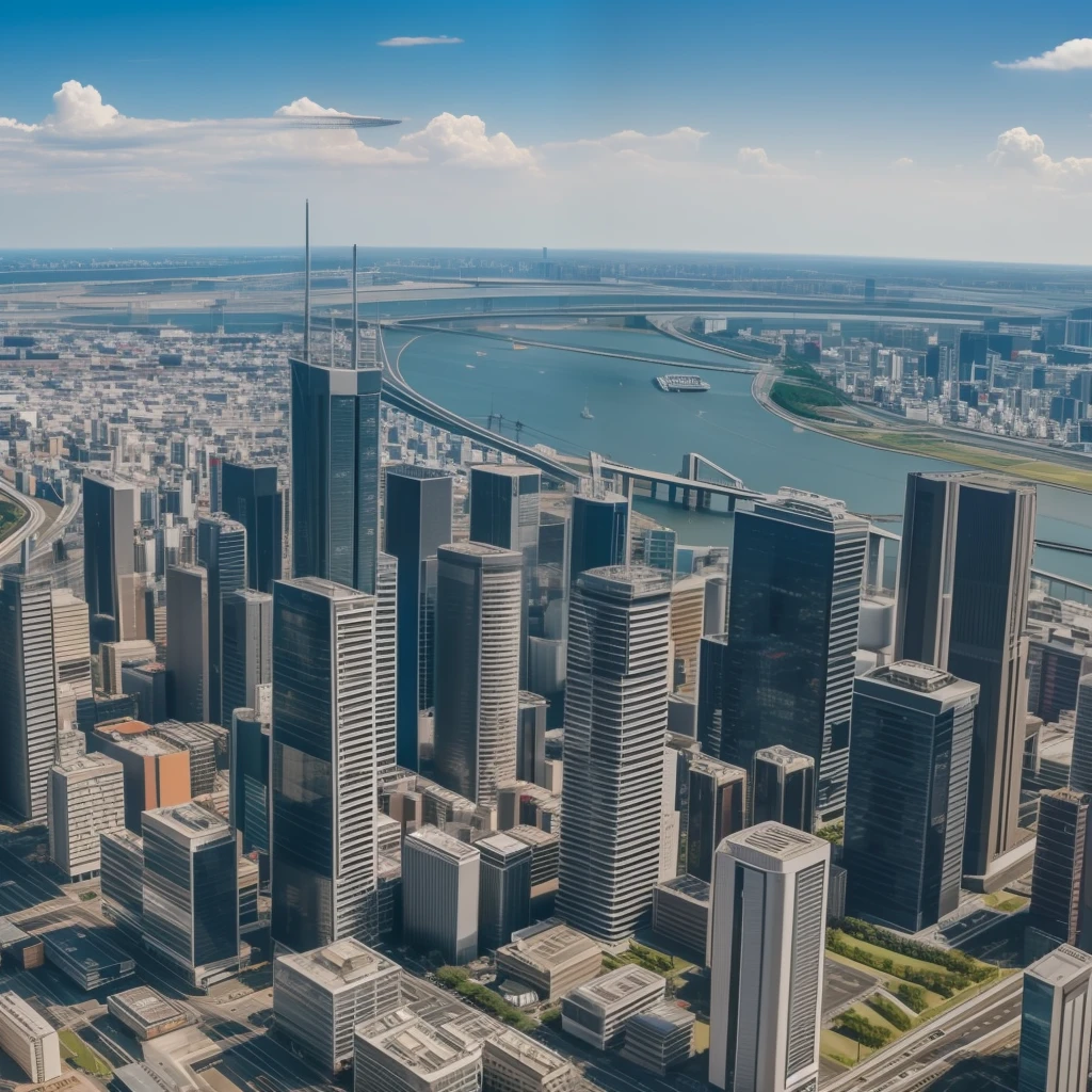 City with huge buildings seen from afar, cars, motorcycles, tokyo, japan, best quality, high quality, ultra realistic, intense city, well detailed city, camera raw