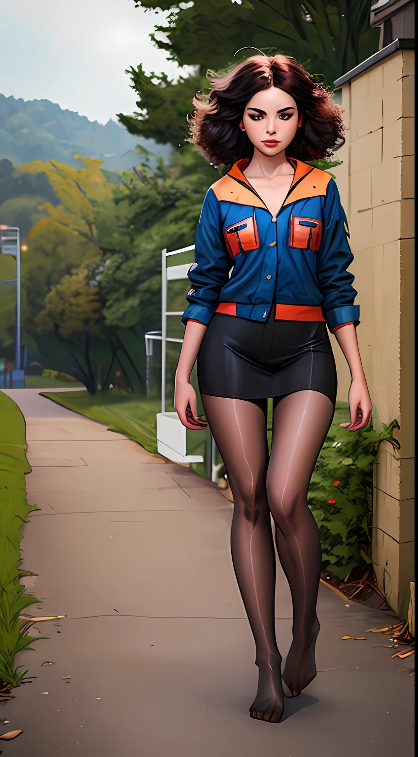 (((masterpiece))), full body view, feet in view, high resolution, gamer girl, nerd, , beautiful, cute, standing, legs wide open, short skirt, black widow cosplay, pantyhose, no shoes, fabric detail, curly dyed hair, (intricate fabric:1.1), photorealistic, UHD, HDR, very detailed, (trending on artstation:1.3), Rolling Stone shoot, no shoes