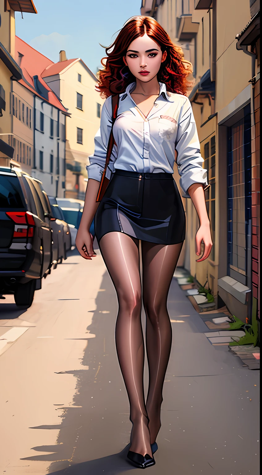 (((masterpiece))), full body view, feet in view, high resolution, gamer girl, nerd, 16 years old, beautiful, cute, standing, legs wide open, short skirt, black widow cosplay, pantyhose, no shoes, fabric detail, curly dyed hair, (intricate fabric:1.1), photorealistic, UHD, HDR, very detailed, (trending on artstation:1.3), Rolling Stone shoot, no shoes