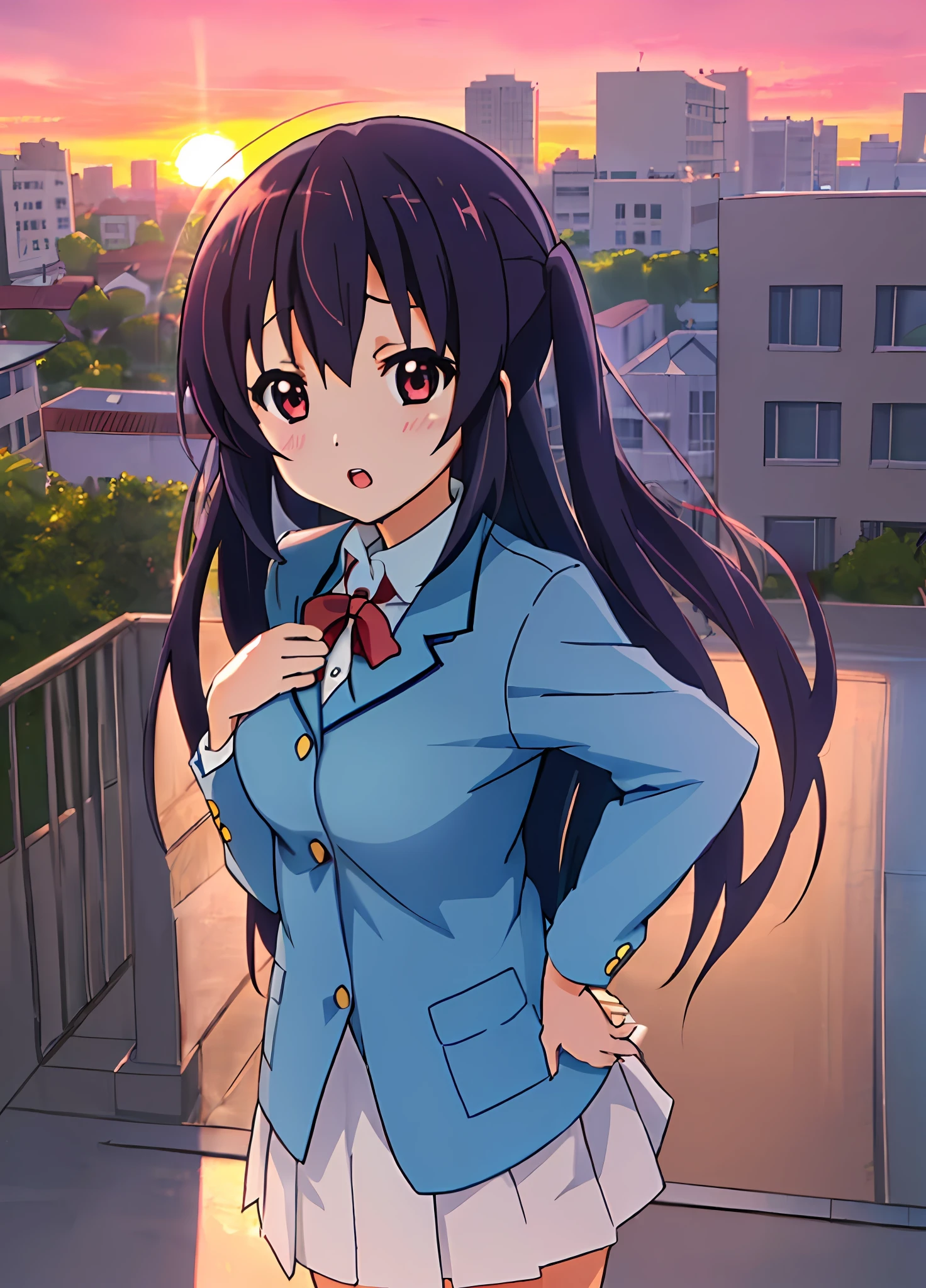 1girl, (((masterpiece))), top-quality, top-quality, High Details, nakano azusa, 1girl, Sakuragaoka High School Uniform, student clothes, Twin-tailed, length hair, A dark-haired, brown-eyed, 独奏, reddish, Dark blue blazer with thin red ribbon, Solid white buttoned shirt under blazer, illustratio, comic strip, soothing tones, Subdued Color, Soft cinematic light, adobe lightroom, photolab, HDR, intricately and hyper-detailed、(((depth of fields))))。(((masterpiece)))。(((top-quality))).)((ultra-detailliert)))。(((illustratio)))。(((takeout))).dynamic focus.big breasts.(((Skyscrapers))).(((A city scape))).(((Face of sadness))). open mouth.(((put hands on the hip))).(((up chest))).((evening glow)).((the setting sun)).