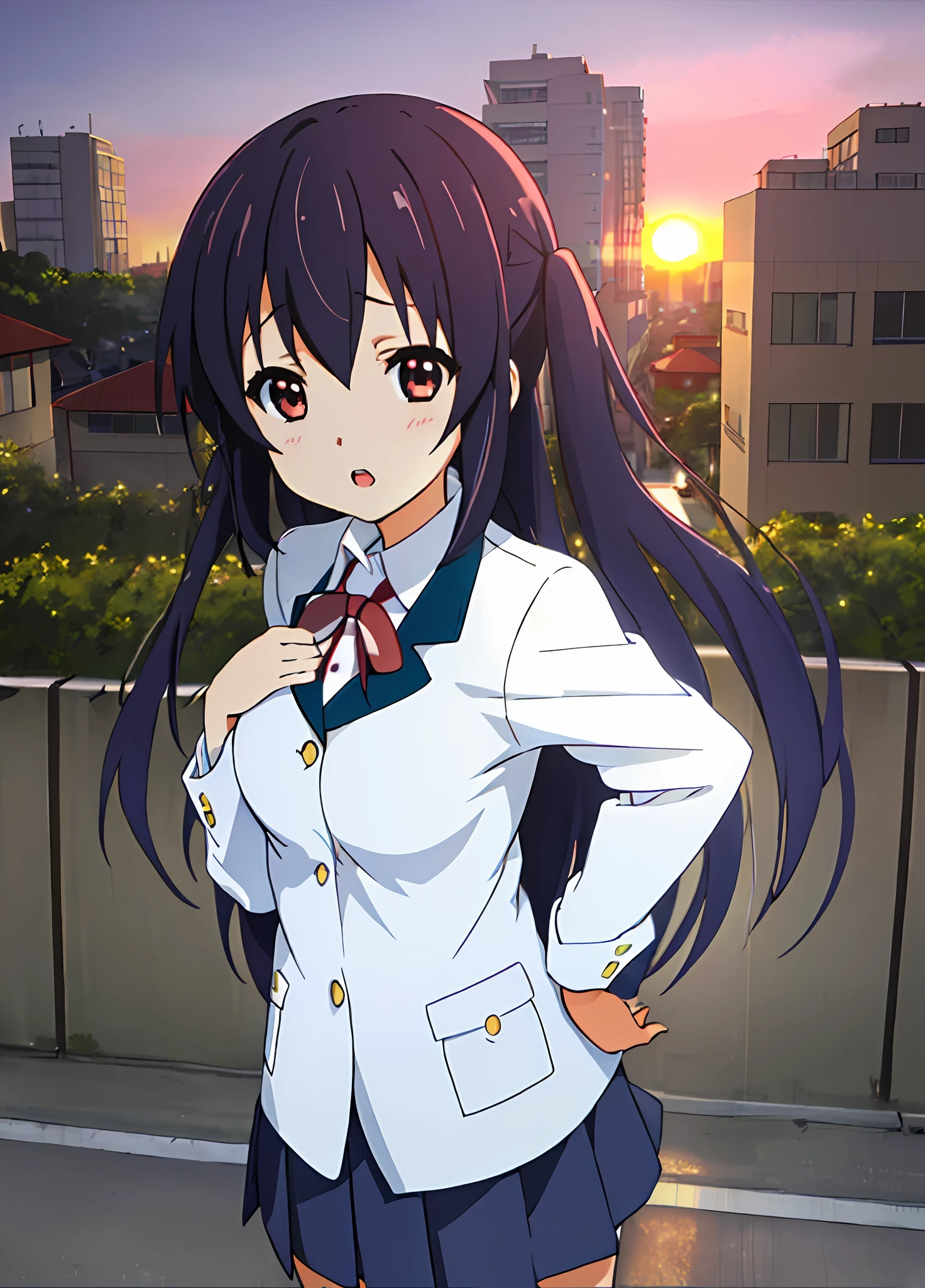 1girl, (((masterpiece))), top-quality, top-quality, High Details, nakano azusa, 1girl, Sakuragaoka High School Uniform, student clothes, Twin-tailed, length hair, A dark-haired, brown-eyed, 独奏, reddish, Dark blue blazer with thin red ribbon, Solid white buttoned shirt under blazer, illustratio, comic strip, soothing tones, Subdued Color, Soft cinematic light, adobe lightroom, photolab, HDR, intricately and hyper-detailed、(((depth of fields))))。(((masterpiece)))。(((top-quality))).)((ultra-detailliert)))。(((illustratio)))。(((takeout))).dynamic focus.big breasts.(((Skyscrapers))).(((A city scape))).(((Face of sadness))). open mouth.(((put hands on the hip))).(((up chest))).((evening glow)).((the setting sun)).