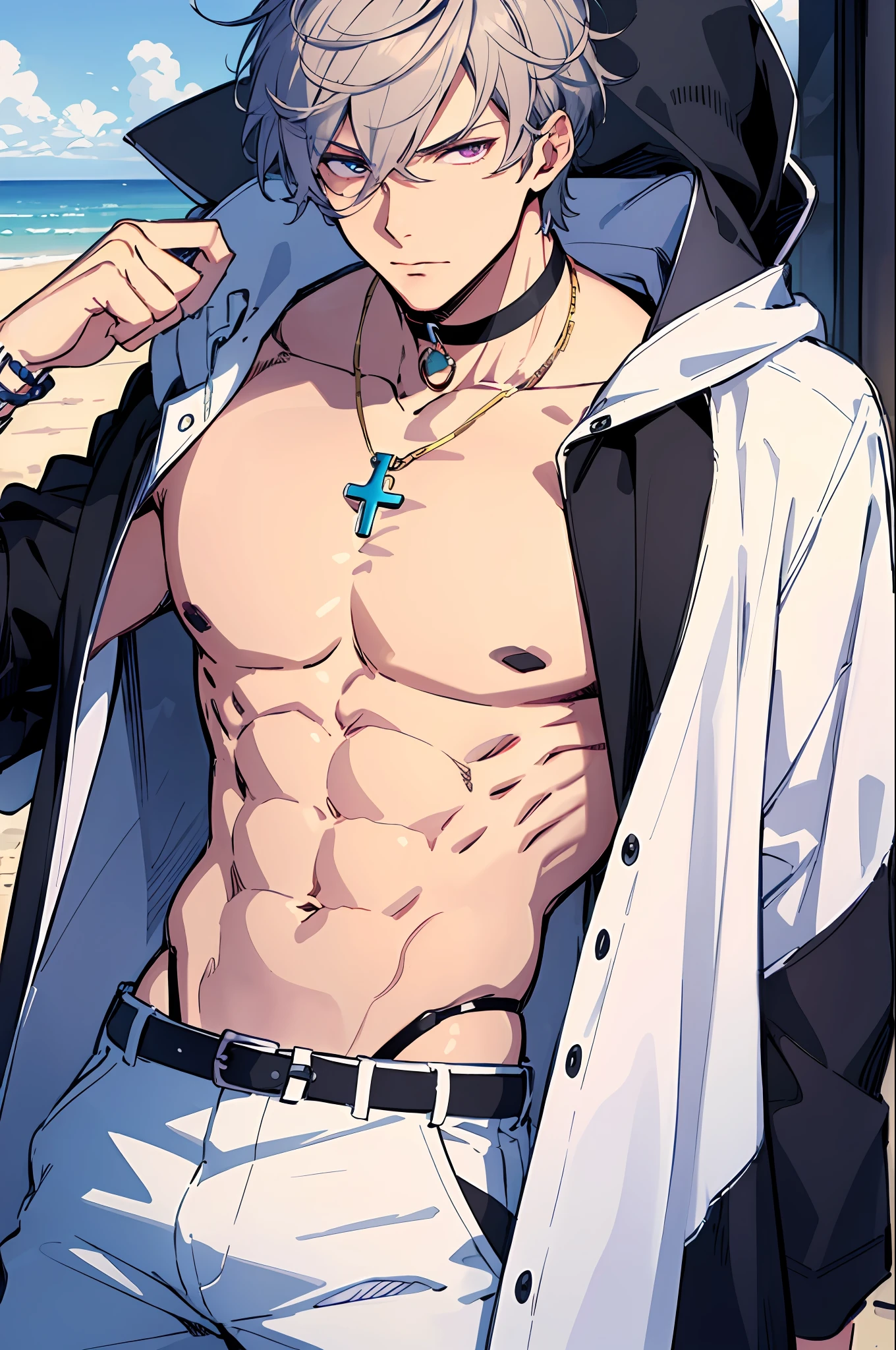 realisticlying，（tmasterpiece，top Quority，best qualtiy，offcial art），The is very detailed，Colorful，Most detailed，，short detailed hair，（pale brown hair），Handsome man，Mare，choker necklace，sandbeach，chest muscle，Abs，Purple eye