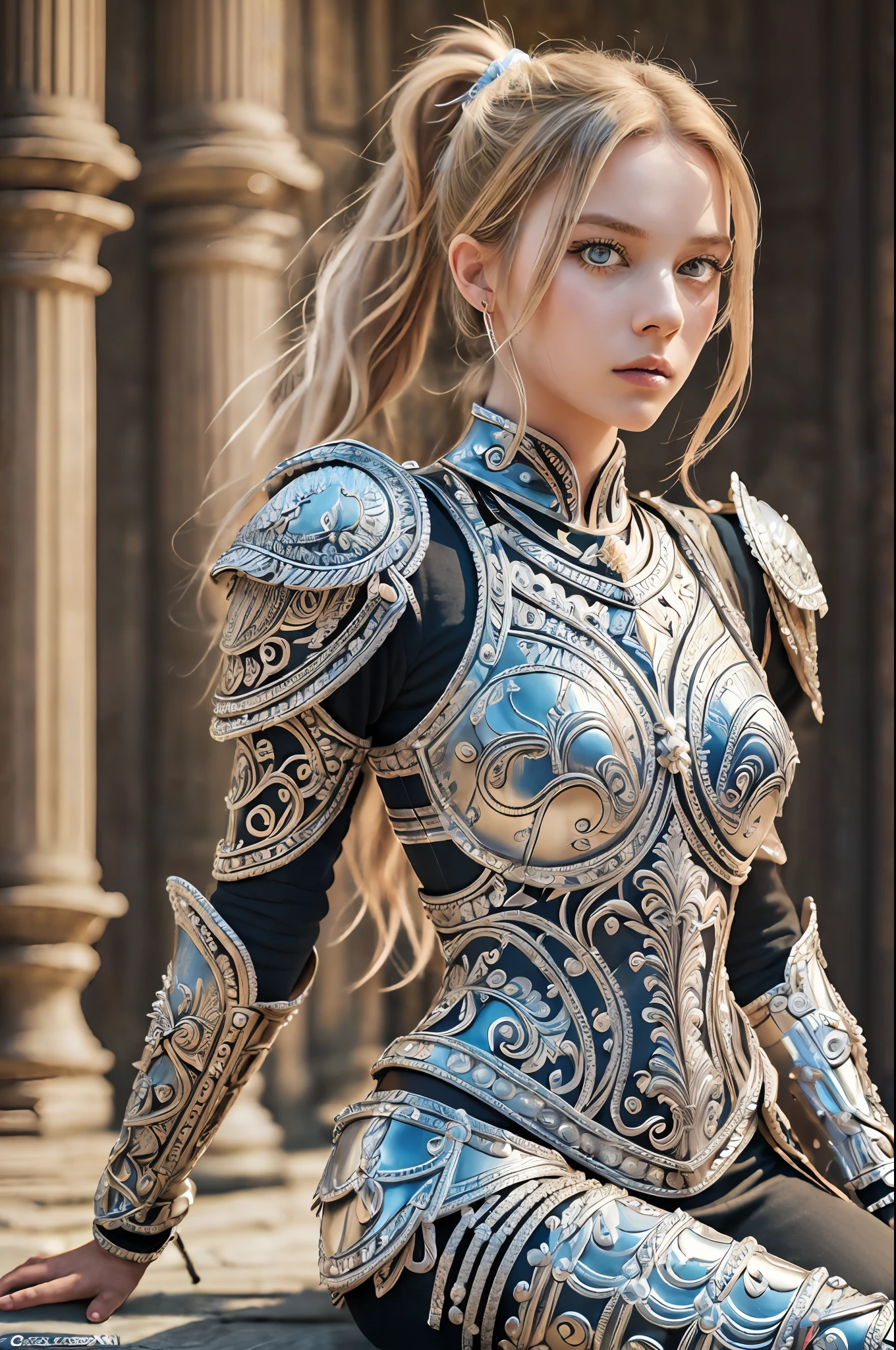 (8K, best quality:1.2), (masterpiece:1.37), (photo, photorealistic:1.37), (ultrahigh-res), full body, (sit on the floor), dynamic pose, slow motion, female paladin wearing the up part body, (light silver armour:1.2),(ornately decorated armor), (insanely detailed, bloom:1.5), (highest quality, Alessandro Casagrande, Greg Rutkowski, Sally Mann, concept art, 4k), (analog:1.2), (high sharpness), (detailed pupils:1.1), detailed face and eyes, Masterpiece, best quality, (highly detailed photo:1.1), (long blonde Hair, blue eyes, ponytail, ecstatic:1.1), (young woman:1.1), sharp, (perfect body:1.1), realistic, real shadow, 3d, (temple background:1.2), (by Michelangelo), photographed by Canan EOS R6, 135mm, 1/1250s, f/2.8, ISO 400