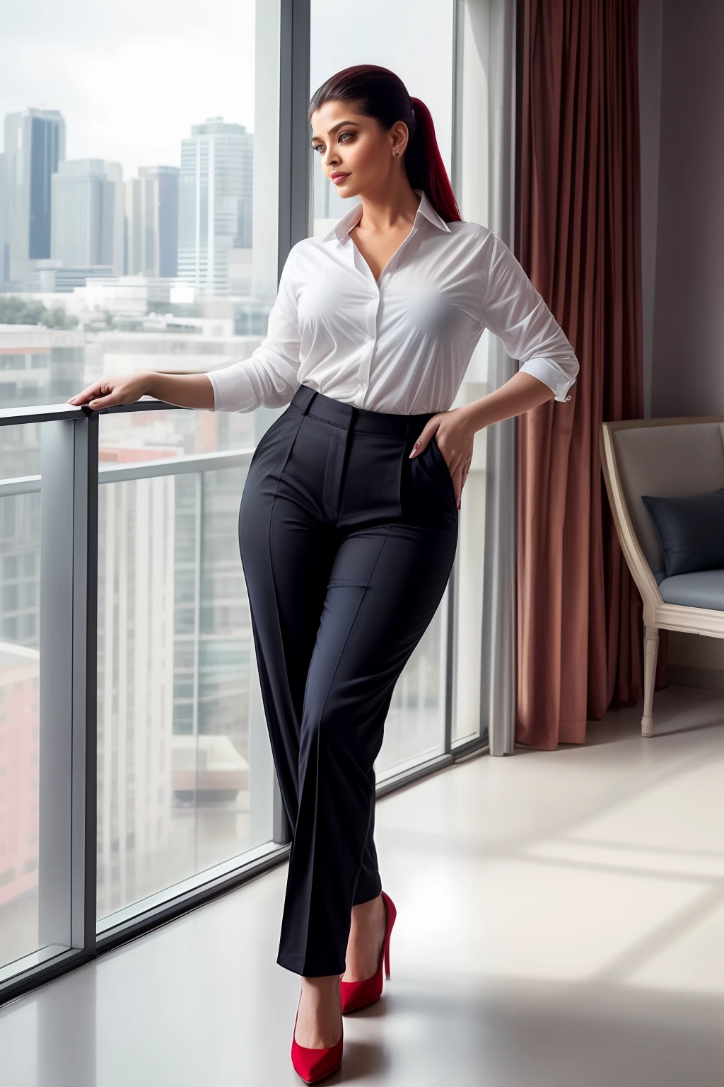 Aishwarya rai as corporate lady, red satin formal trousers, satin white shirt, high heels, athletic milf figure, high ponytail hair, seductive pose in balcony, day scene, hourglass figure, small breasts, fit, seductive face, look at camera and wink, erotic adult face, 40 yo, soft volumetric lights, intricate details, (ArtStation:1.2)