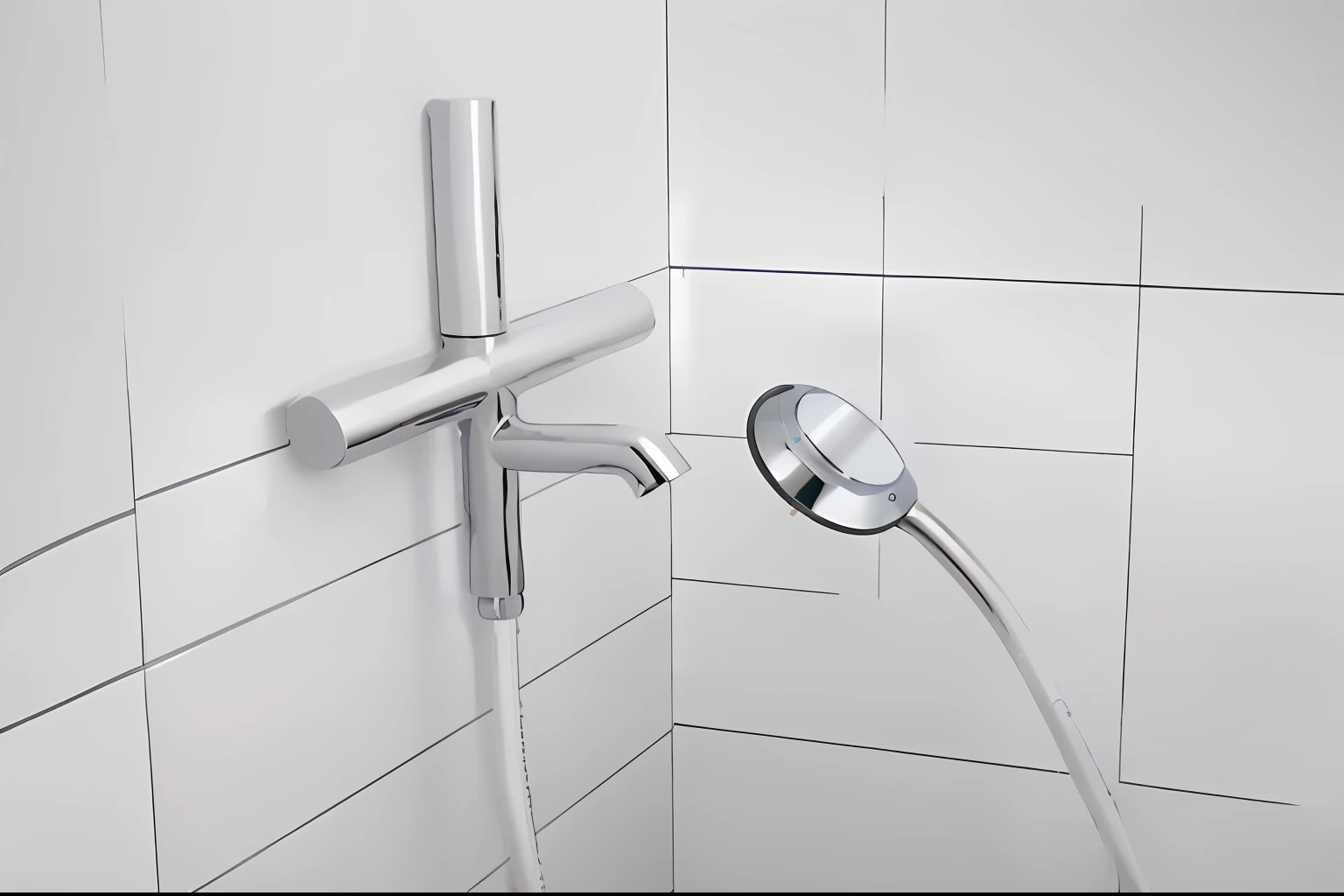 The bathroom comes with shower heads and shower hoses, semi - realistic render, detailed zoom photo, Connected pipes, Showers, with accurate features, taps with running water, hyper realistic rendering, odd pipes, easy to use, short spout, No tiling, high angle close up shot, professional product photo, High quality product image,Stainless steel wire drawing in the bathroom,photorealestic,Metal stainless steel