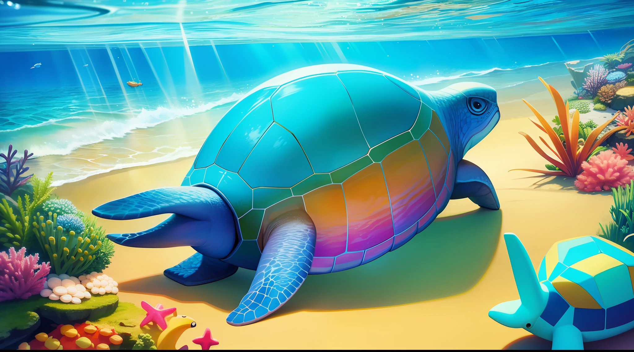 Undersea scene,The colors are rich and bright,Undersea scenery,wide high angle view,A cute turtle,The picture is clear