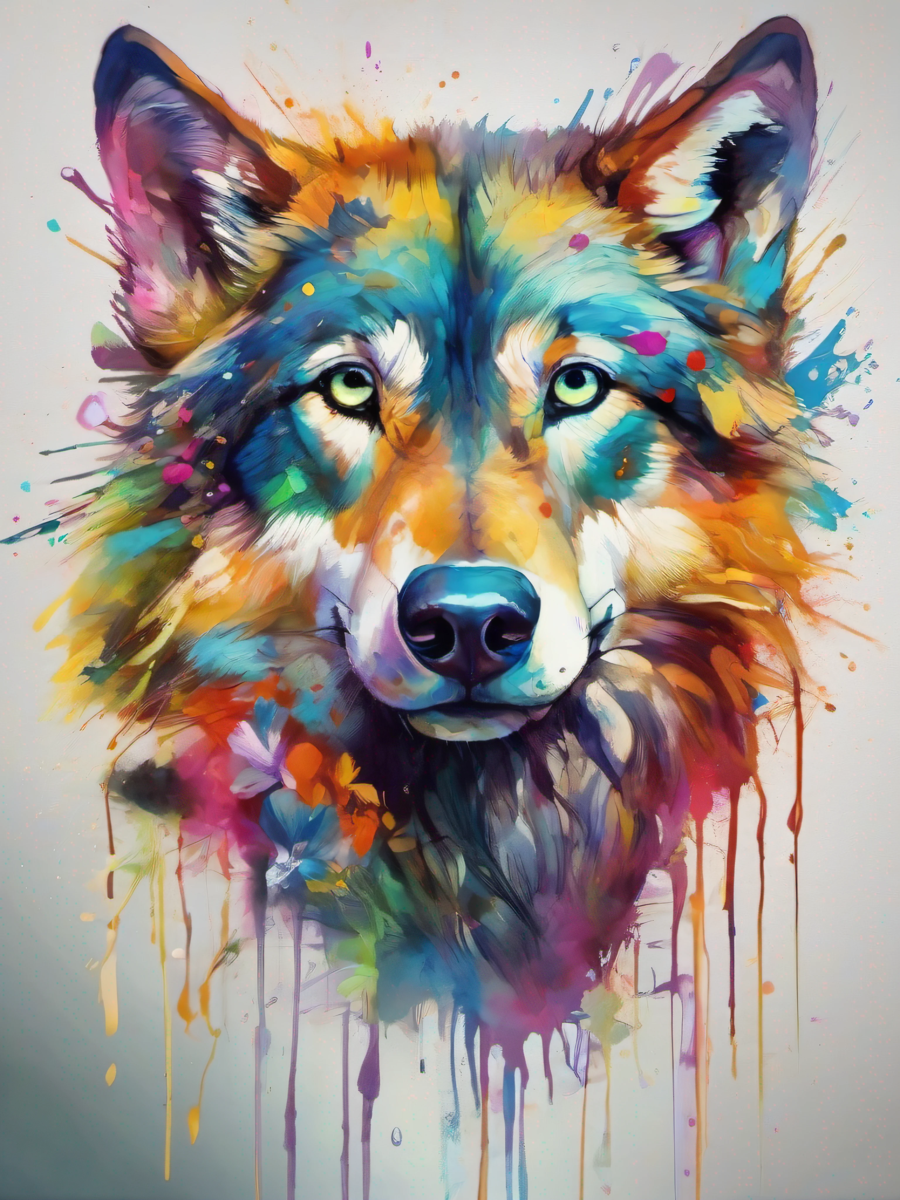 Draw a wolf with colorful ink on its face, archan nair, painted in bright water colors, animal drawing, vibrant watercolor painting, painting of cute dog, Stunning artwork, Surrealism with bright colors, plethora of colors，detail-rich, lovely digital painting, Amazing, digital art animal photo, colorful art, art of alessandro pautasso, watercolor detailed art