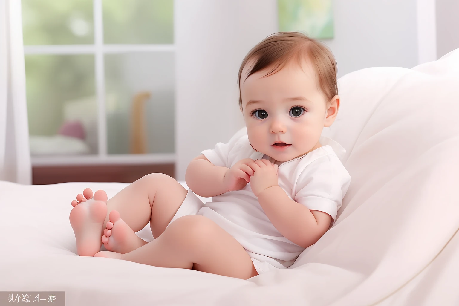 There was a  sitting on the bed，The bed was covered with a white blanket, Cute boy, portrait shooting, close up portrait shot, babies in her lap, Portrait image, young chilautiful lovely, Sweet and innocent, cute cute, kiddy big breasts, Cute girl, inquisitive look, cute looking, Intense expression, sitting in the couch, canvas, children's, Young and cute, Adorable