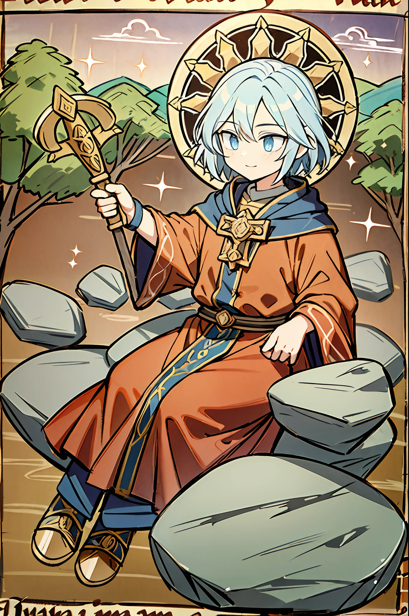 a wizard with power to manipulate rocks, rocks floating, y bestiary_style, masterpiece, best quality, solo, high detailed face,