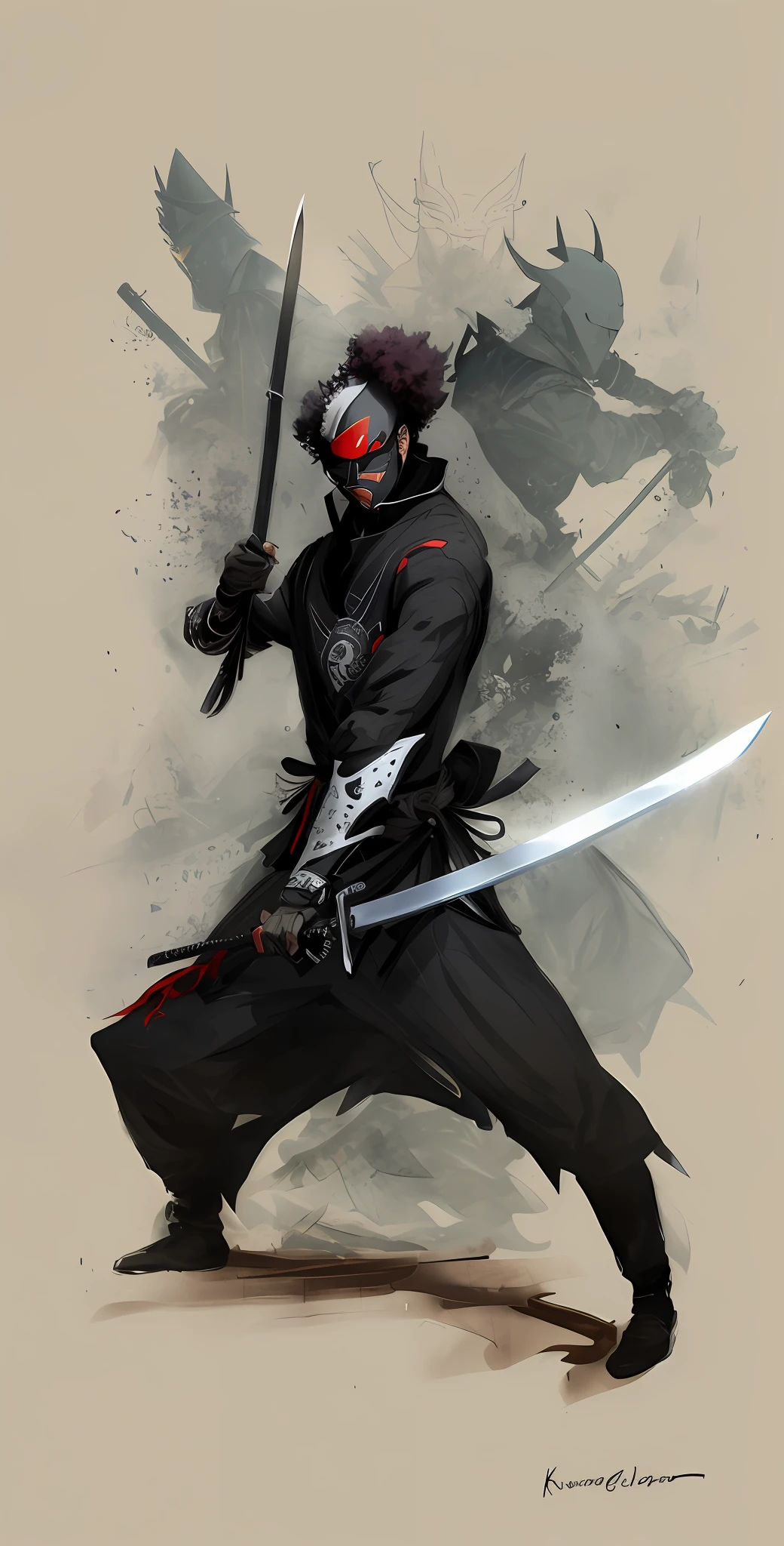 a drawing of a man in a ninja costume holding a sword, benedick bana, inspired by Kanō Hōgai, dramatic wielding sword pose, afro samurai anime style, afro samurai animes style, dramatic wielding katana pose, goth ninja, Demon Samurai, badass posture, Villain pose, inspired by Kawabata Ryūshi