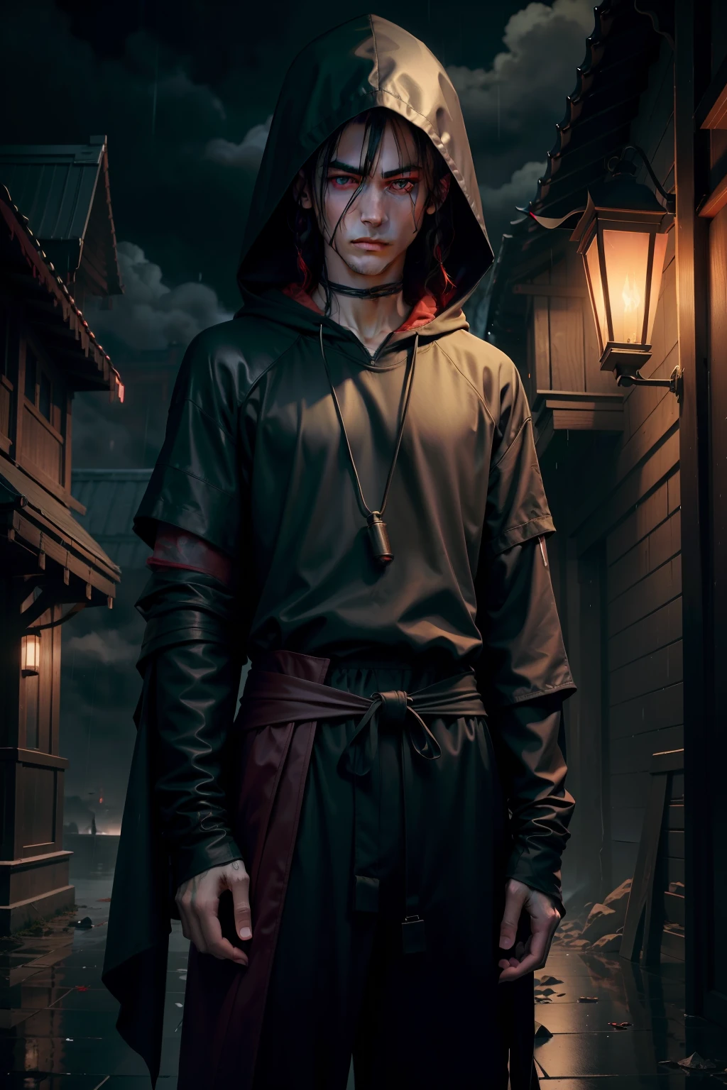 male people,rainy evening,Black hooded jumpsuit,Only the lower half of the face is exposed,Faintly visible red eyes,Slender figure,On the left side of the waist hangs a palm-sized lantern with green crystals,A Tang knife with a blood cloud pattern with a black main body hangs on the right