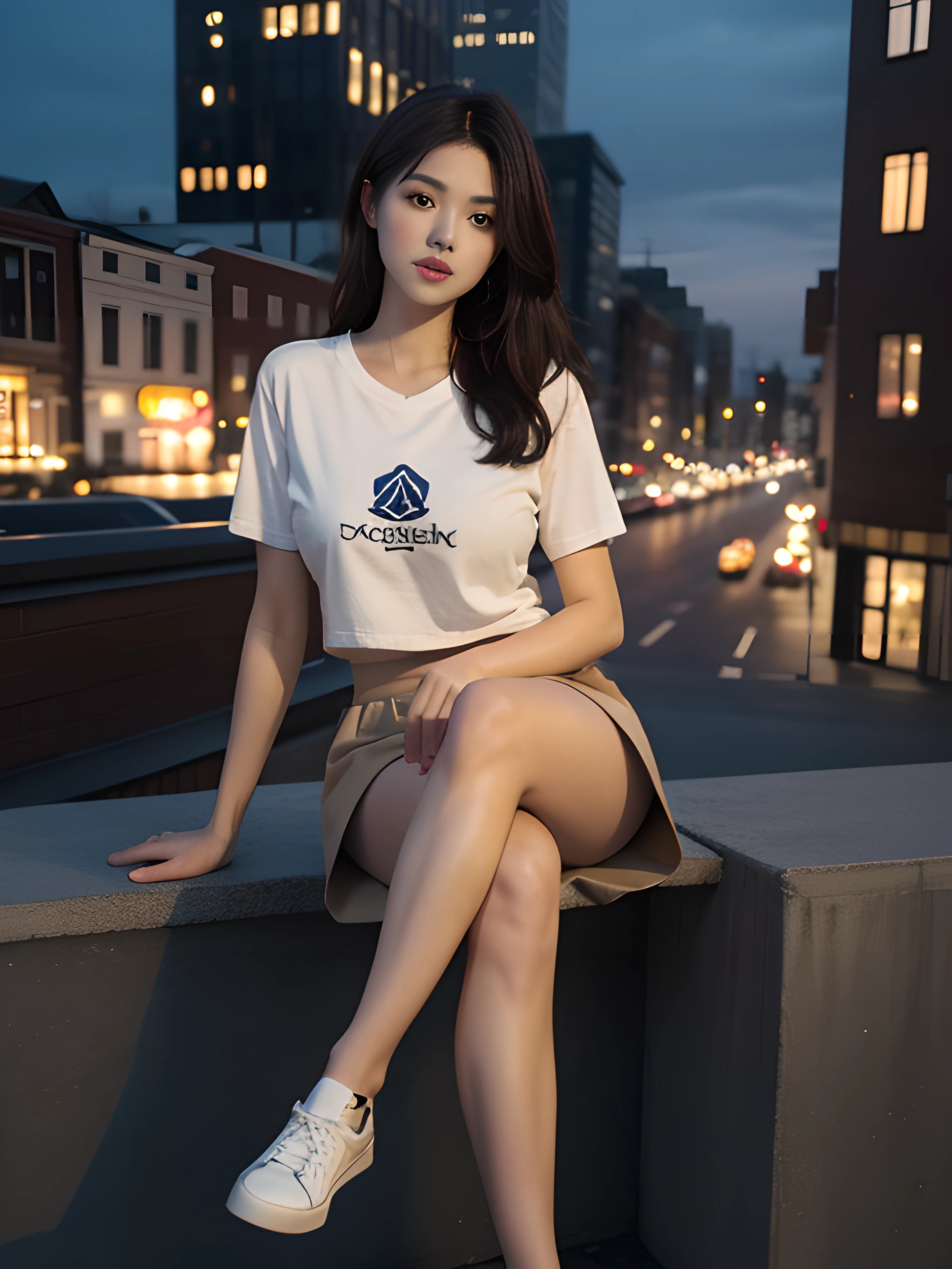 ((midynight, Acura, 8K, tmasterpiece: 1.3)), full bodyesbian, long leges, Focalors: 1.2, perfect figure beautiful woman: 1.4, Slim abs: 1.1, (dark brown hair,: 1.2 )), (Beige skinny T-shirt, short skirt,sitting on a stool: 1.2), (city night scene, the roof: 1.3)), Highly Detailed Face and Skin Textur, detailedeyes, 二重まぶた,