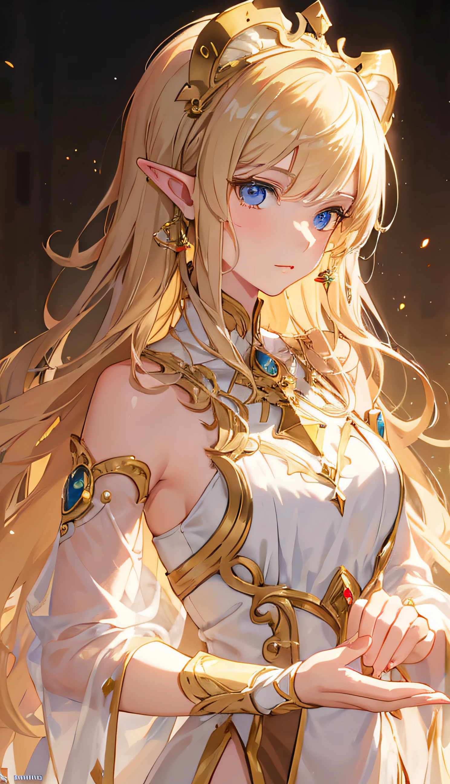 A woman with long blonde hair and a white dress holds a magic wand, Portrait Chevaliers du Zodiaque Fille, ((a beautiful fantasy empress)), Anime goddess, blond-haired princess, Extremely detailed Artgerm, Kushatt Krenz Key Art Women, beautiful and elegant elf queen, Blonde anime girl with long hair, a beautiful fantasy empress, portrait of an elf queen