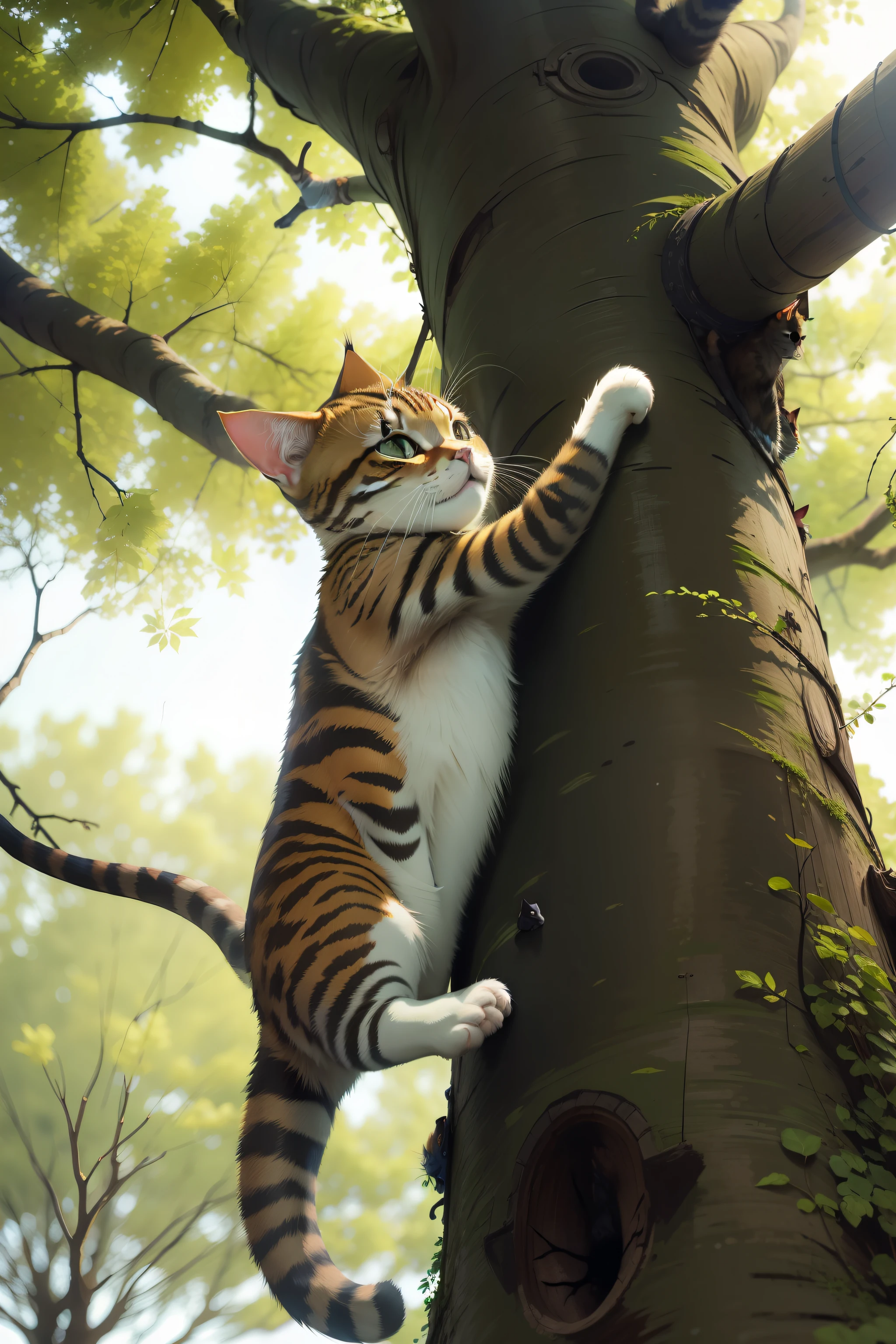 A cat climbs a tree