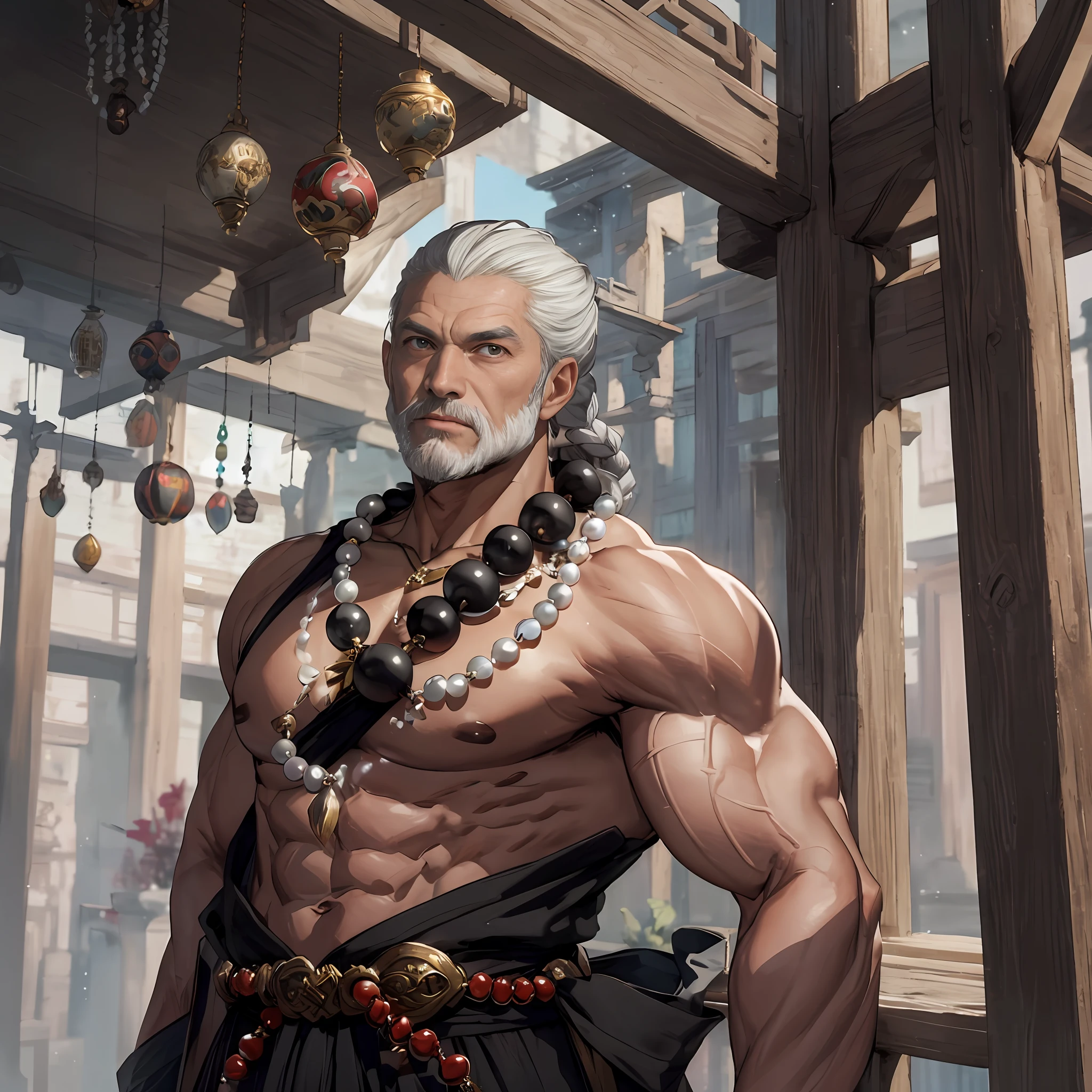 masterpiece, best quality, 1man, oldman, bulky oldman, oldman, male focus, solo, white braided hair, white beard, vibrant brown eyes, looking at viewer, closed mouth, Fantasy aesthetics, Highly detailed, shadowverse style, shirtless, very big prayer bead necklace, shaolin monk, muscular, muscular arm