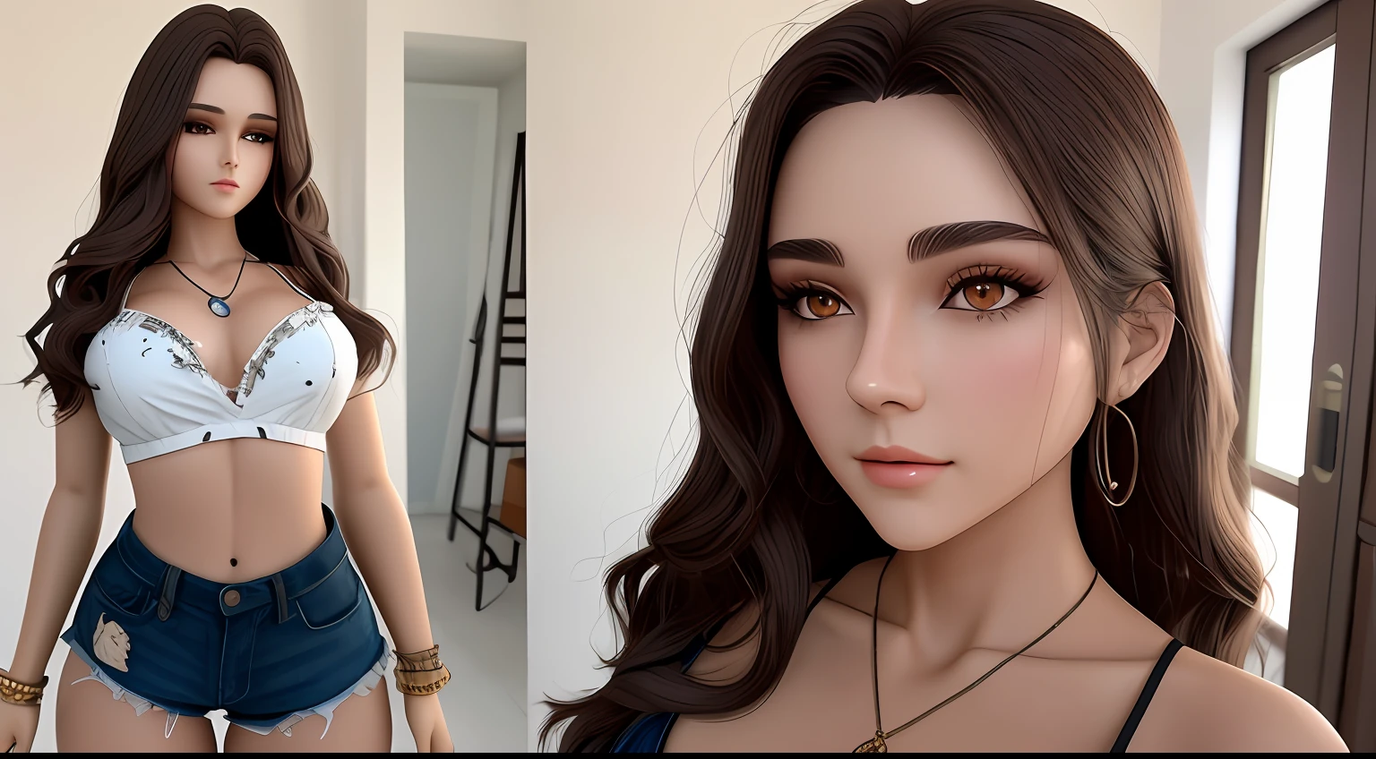 (top quality, 8K, masterpiece: 1.3), beautiful woman with perfect figure: 1.4, dark brown hair, large, wearing pendant, torn shorts, in bedroom, very detailed face and skin, detailed eyes, double eyelids