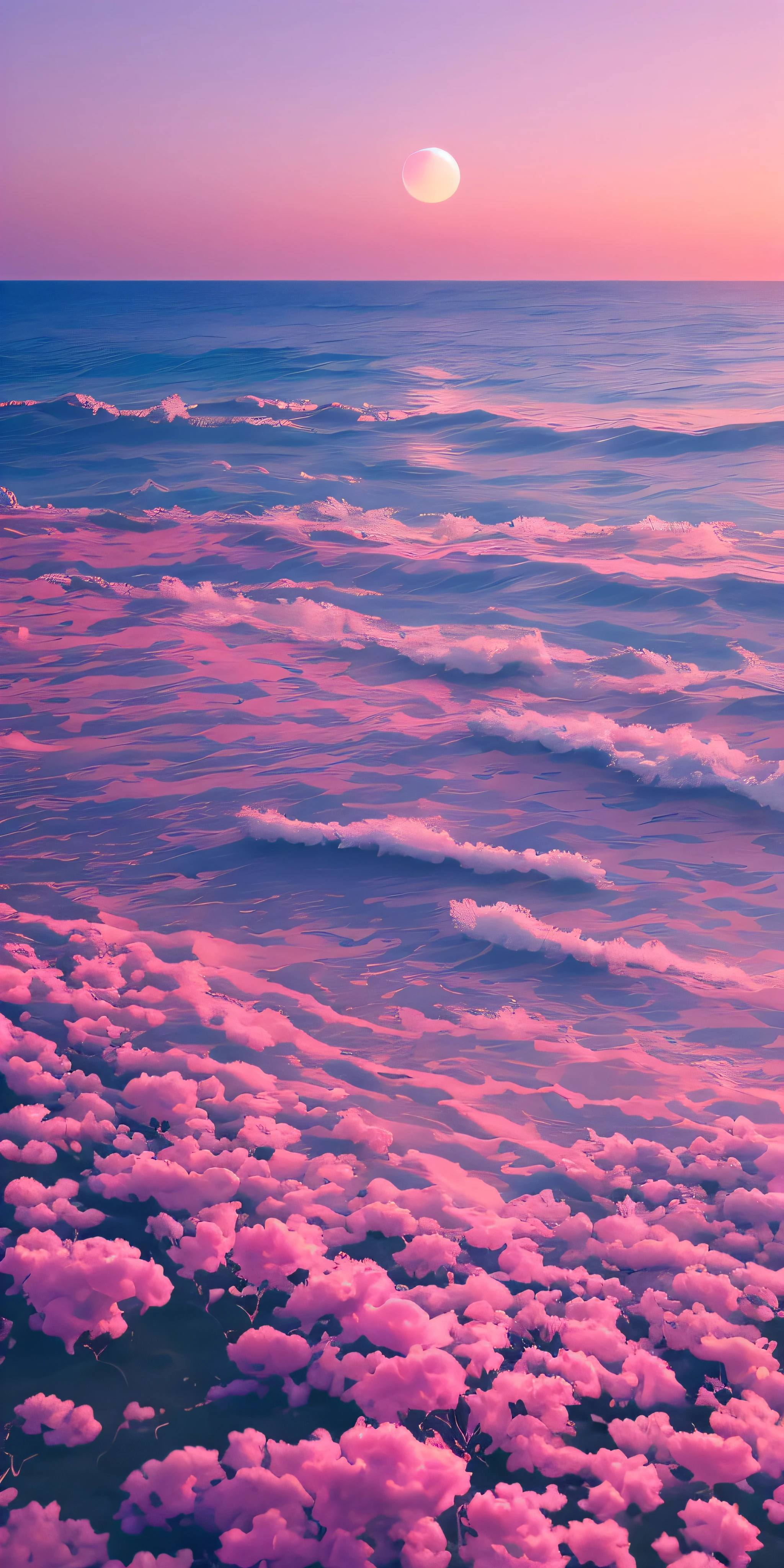 late sunset,Purple flowers grow on the beach, fluffy pink anime clouds, Pink clouds, cotton candy cloud, looking out at a pink ocean, vaporwave surreal ocean, vaporwave ocean, clouds and waves, clouds、Wings and waves, pink clouds in the sky, dramatic pink clouds, liquid clouds, pink clouds background, Pink sunset, Glowing clouds, pink skies