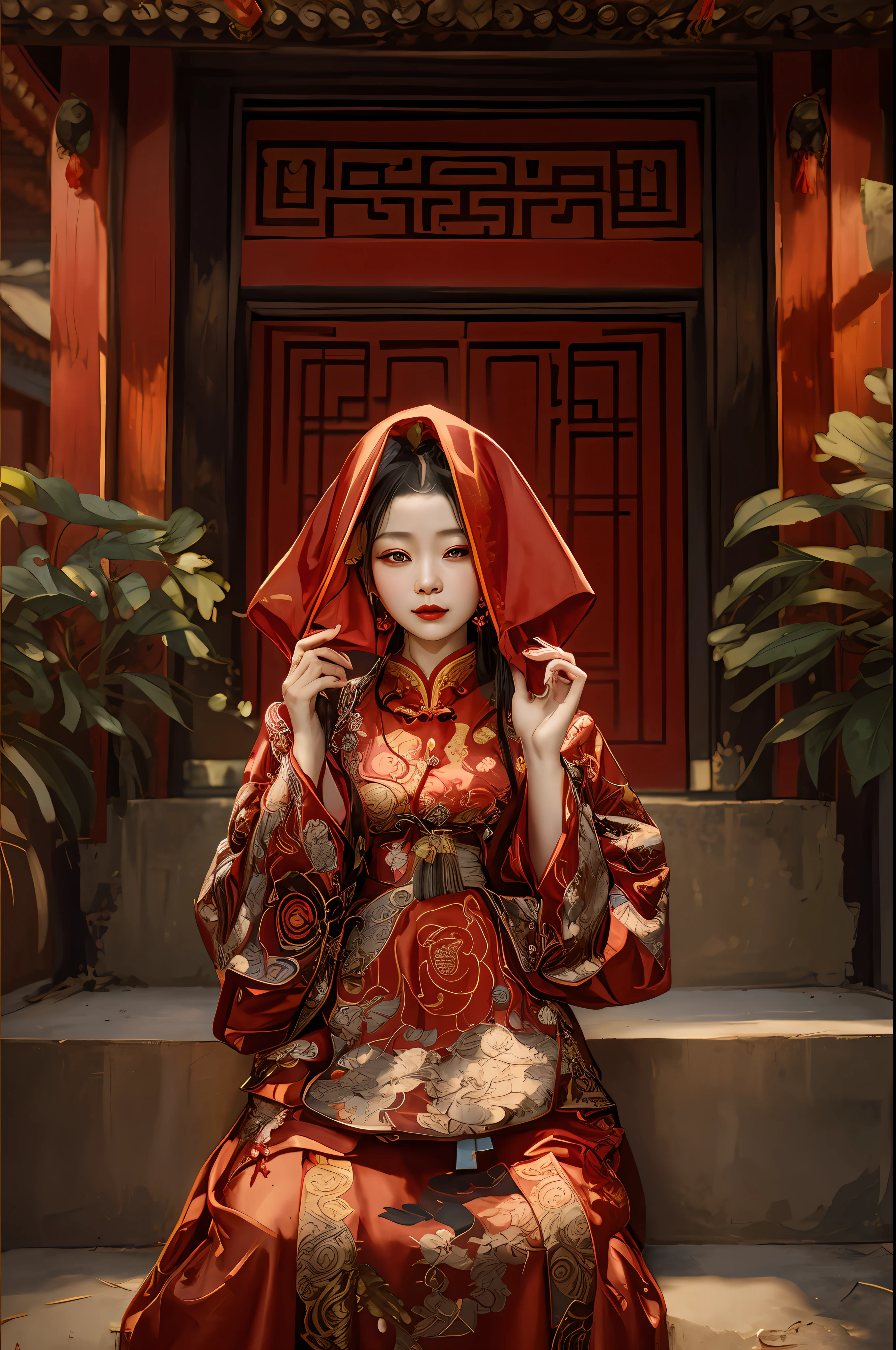 A greedy woman in a red robe sits on the steps, traditional tai costume, Wearing a red cheongsam, with acient chinese clothes, author:Yu Zheding, Chinese woman, Traditional Chinese clothing, Chinese costume, wearing ornate silk clothes, Palace , A girl in Hanfu, By Fei Danxu, traditional photography, Wearing ancient Chinese clothes
