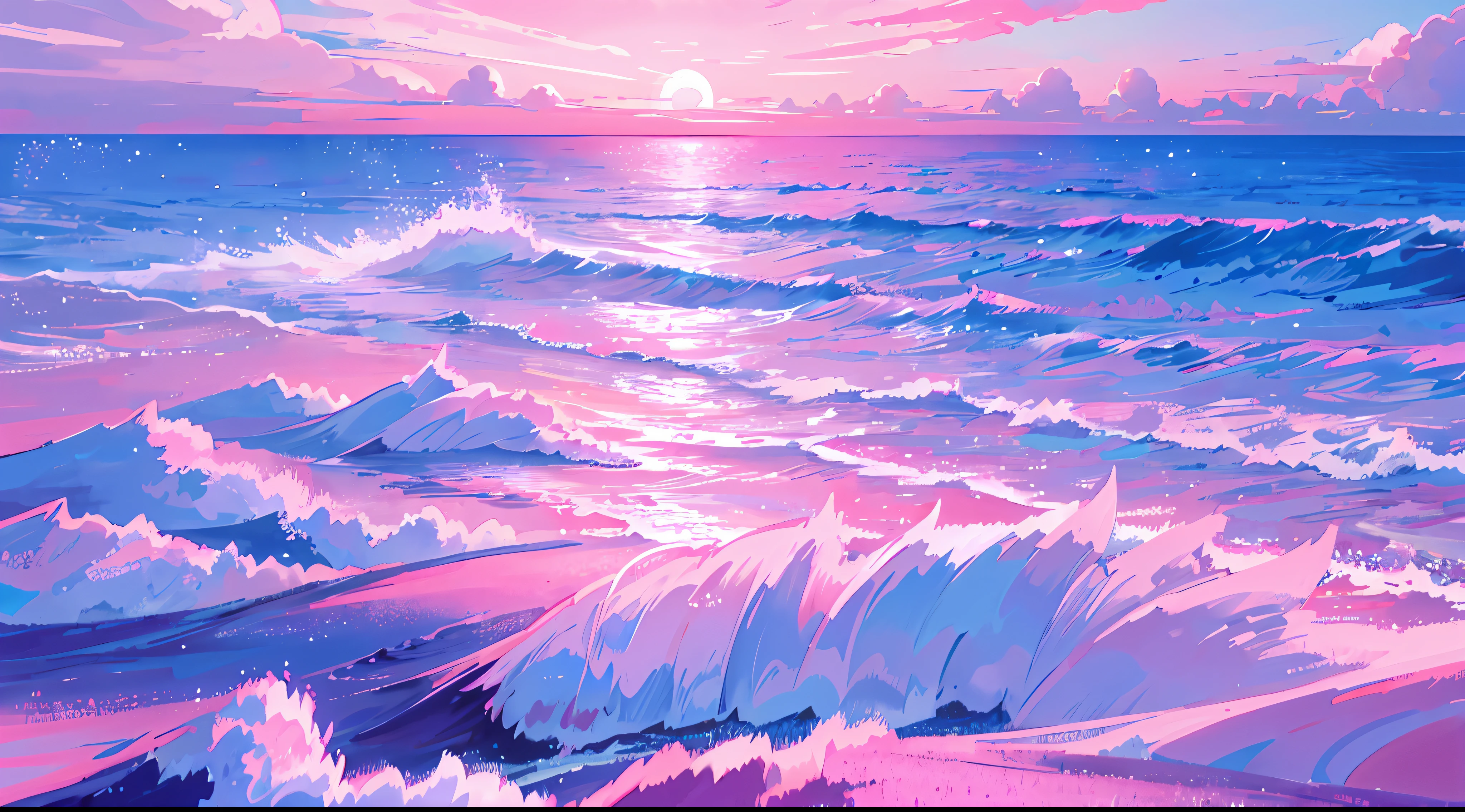 late sunset,Pink sea, fluffy pink anime clouds, Pink clouds, cotton candy cloud, Look out at the sea of pink clouds, vaporwave surreal ocean, vaporwave ocean, clouds and waves, clouds、Wings and waves, pink clouds in the sky, dramatic pink clouds, liquid clouds, pink clouds background, Pink sunset, Glowing clouds, pink skies