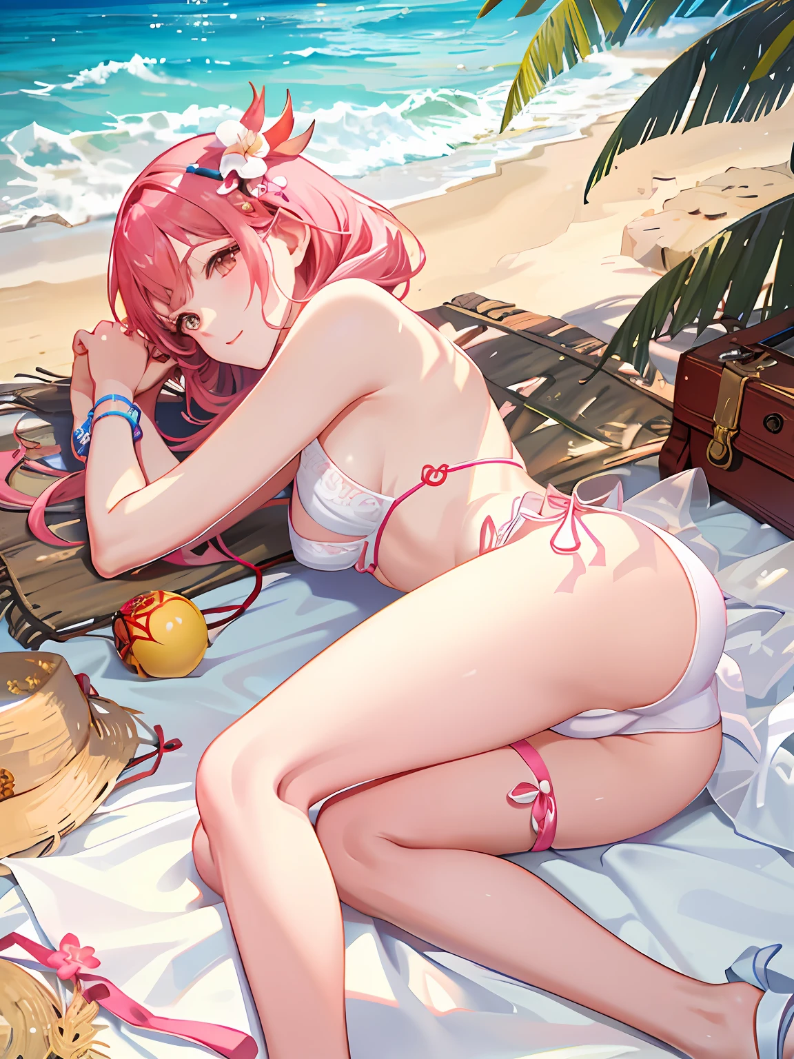 夏天, suns, the ocean, sea beach,Beautiful woman lying on ground pink white sexy lace tongs,Give the ass a little sultry close-up,Wear beautiful accessories --v6