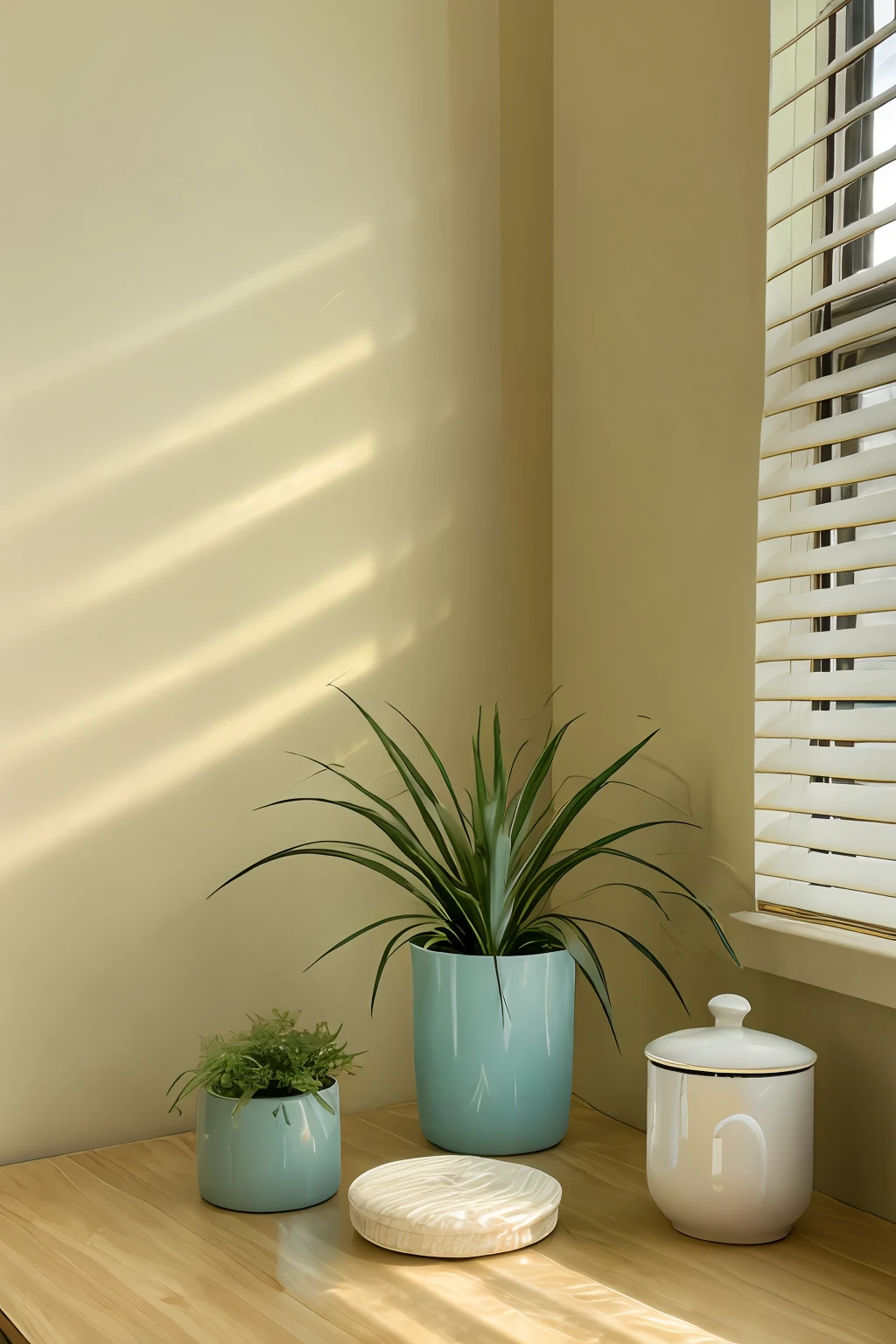 One is placed in an aromatherapy box on the tabletop, Scene in the bedroom, The background is a window, There is a pot of greenery next to the window, flowing draperies, rays of sunshine, natural lightting, Close-up Shot Shot, Subjective vision, Warm yellow, Colorful embellishments, fotografia do produto, commerciaphotography, Realistic and realistic, intricately details, 32K quality