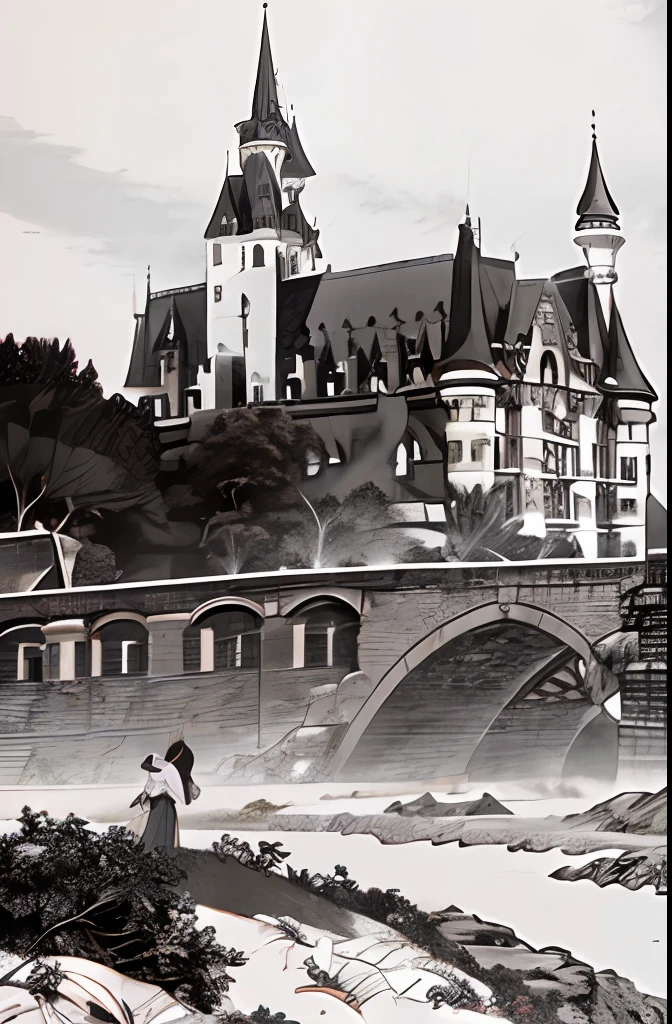 best qualtiy，tmasterpiece，photore，4K，realisticlying，The is very detailed，1girl unleashes magic，techwear，Medieval Europe，独奏，Retro pie，Huge castle in the background，black andwhite，Akira Toriyama，closeup cleavage，