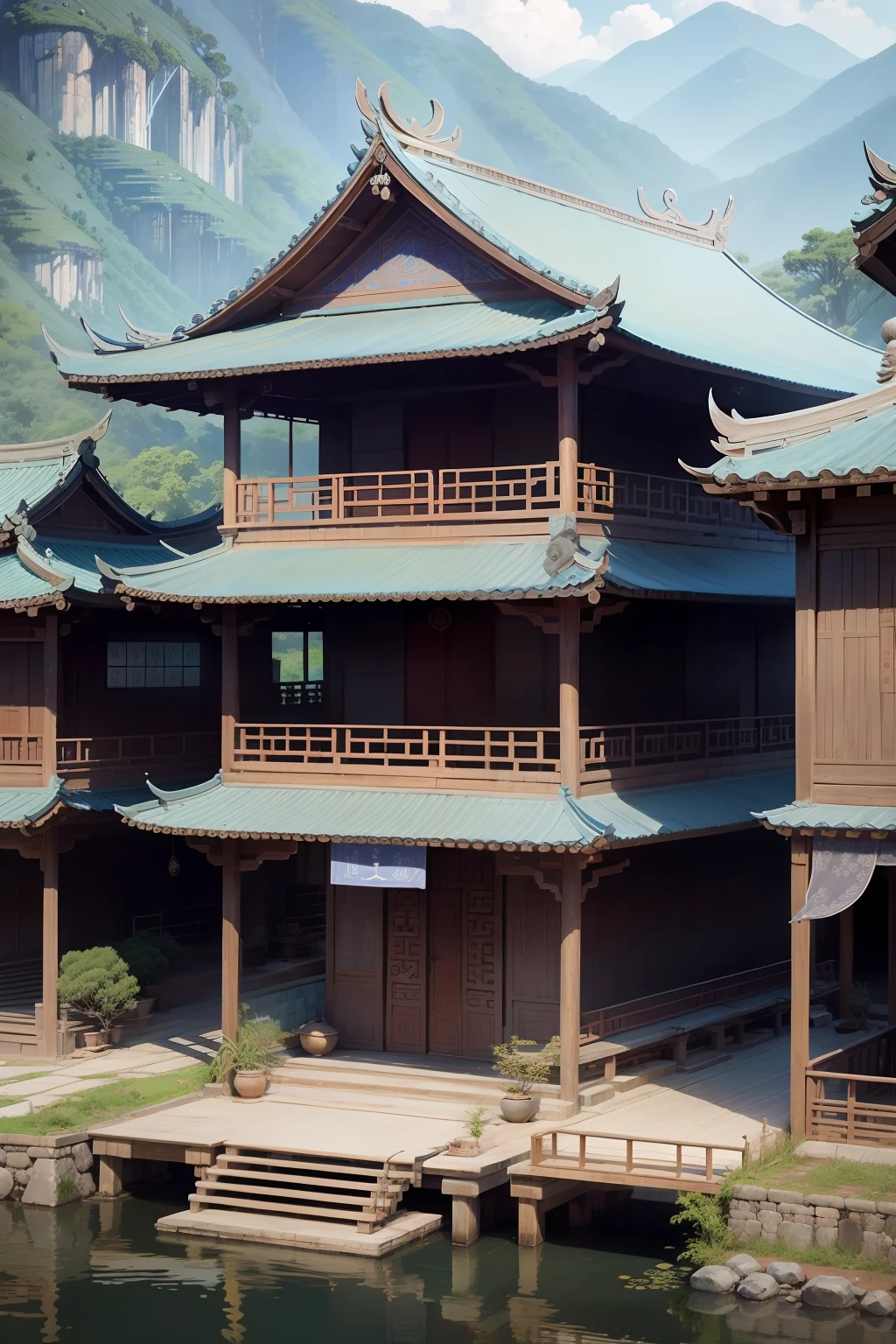 Guizhou Qiandongnan stilt building，Silver products，sketching，Blue batik