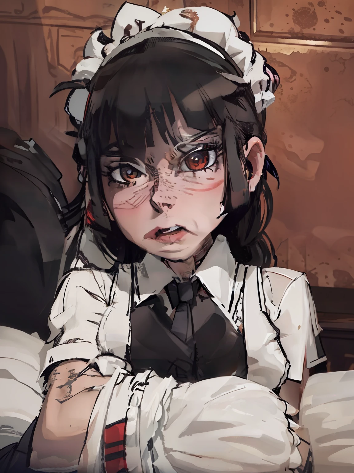 A girl in a maid outfit,The left arm has a rose tattoo