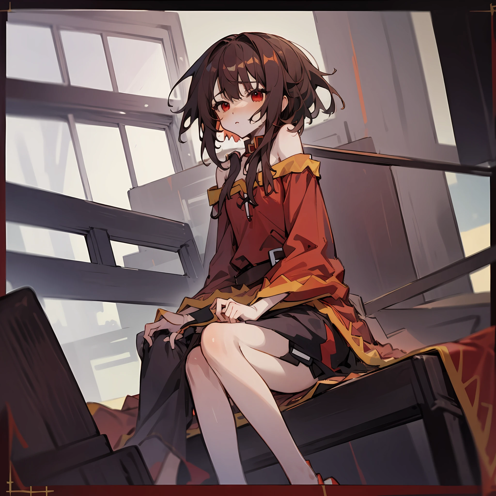 megumin,1 girl,Lori,small tits,red eyes,long sidelocks,brown hair,Short hair,sitting on,BREAK masterpiece,(best quality,Perfect Anatomy,perject limb,high details),