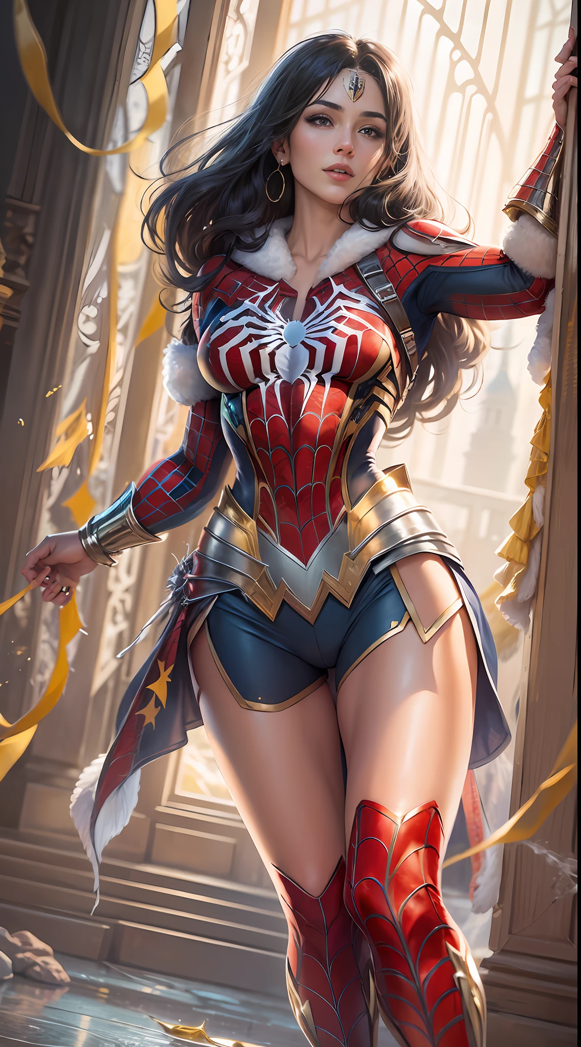 1girl, (masterpiece, top quality, best quality), wonder woman in assassins creed style, (((spider man drip outfit))), well-defined body, ample bosom, abs, long sport legs, boots on heels, black hair, hair bobbles, wince, longeyelashes, solid circle eyes, light smile, Renaissance, drop shadow, reflection light, god rays, sparkle, border, award winning, high quality, super detail, anatomically correct, masterpiece, highres, 8k, atmospheric perspective, masterpiece