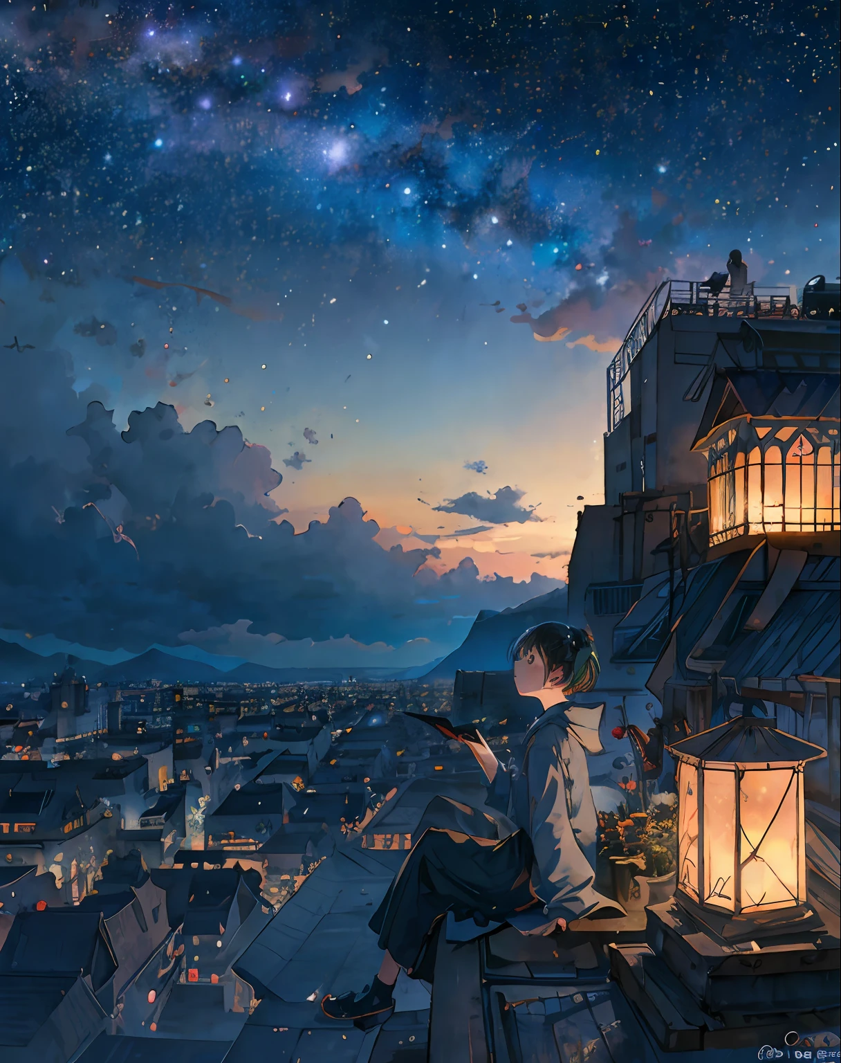 best quality, masterpiece, extremely detailed, detailed background, anime, 1girl, young girl, short girl, sci-fi, science fiction, outdoors, night, starry sky, greenhouse, megastructure, bio-dome, landscape, scenery, horizon, rooftop, sitting on rooftop, wind, looking away, atmospheric lighting, solo focus, close up, from side, depth of field, bokeh