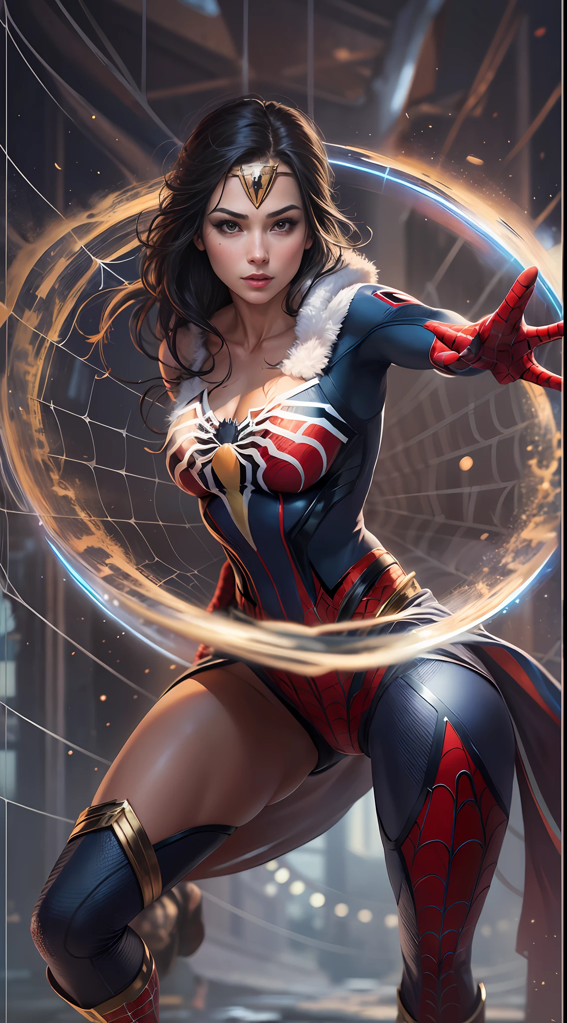 1girl, (masterpiece, top quality, best quality), wonder woman in assassins creed style, (((spider man drip outfit))), well-defined body, ample bosom, abs, long sport legs, boots on heels, black hair, hair bobbles, wince, longeyelashes, solid circle eyes, light smile, Renaissance, drop shadow, reflection light, god rays, sparkle, border, award winning, high quality, super detail, anatomically correct, masterpiece, highres, 8k, atmospheric perspective, masterpiece